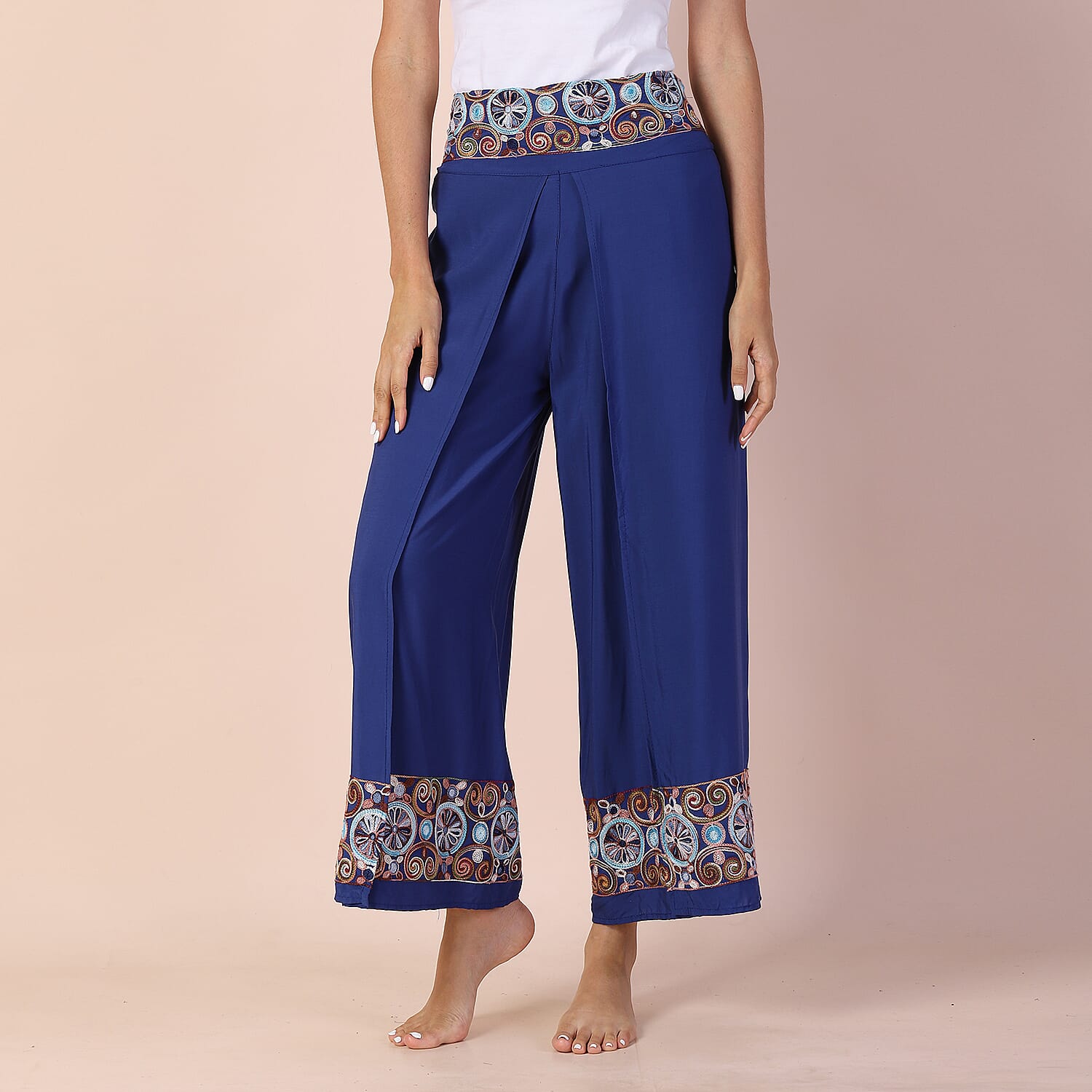 LA MAREY 100% Viscose Embroidery Women Trousers (Size 14-16) - Blue