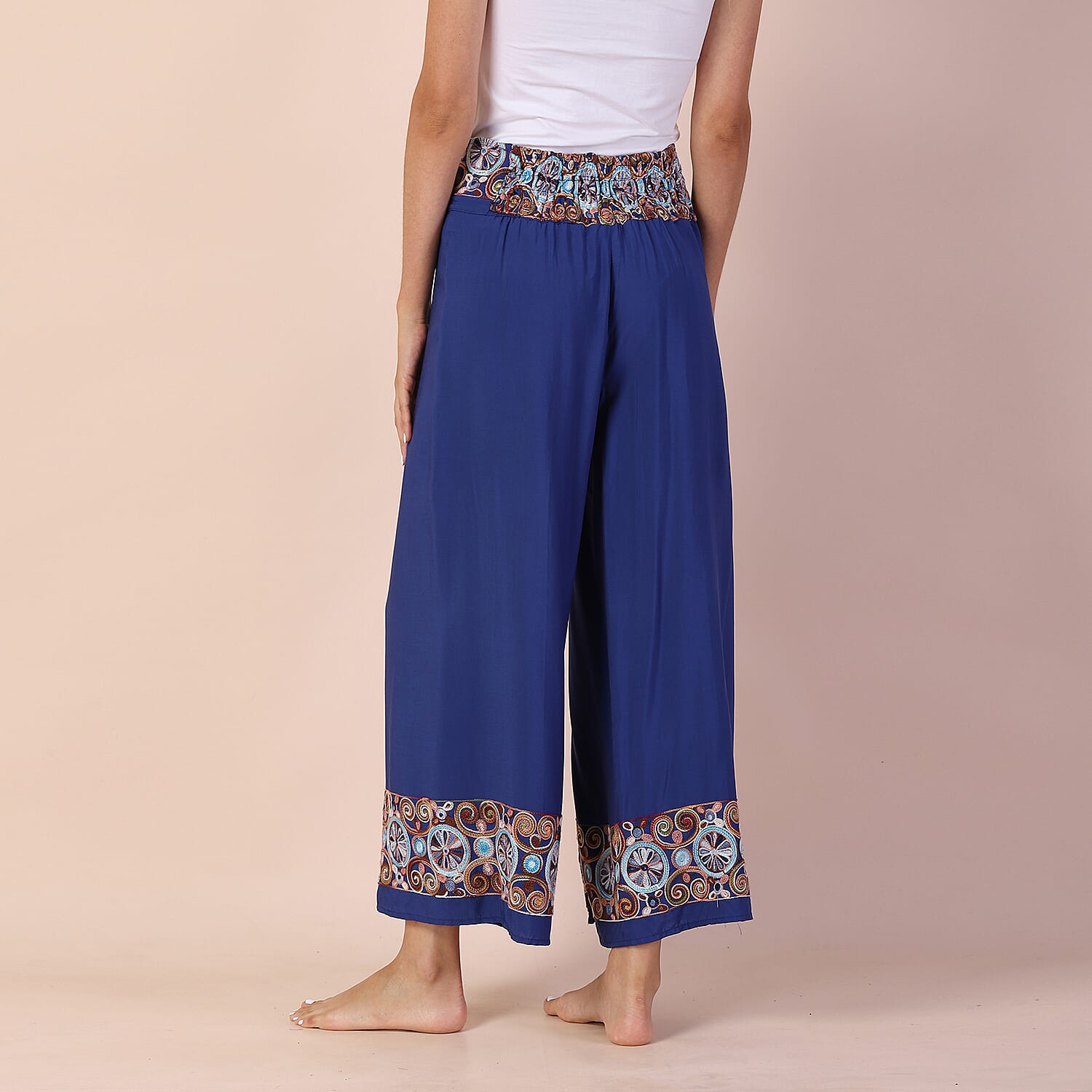 LA MAREY 100% Viscose Embroidery Women Trousers (Size 14-16) - Blue