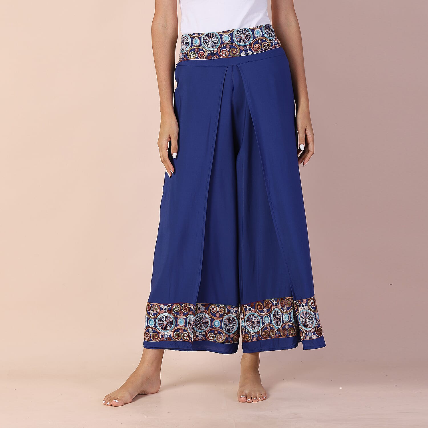 LA MAREY 100% Viscose Embroidery Women Trousers (Size 14-16) - Blue