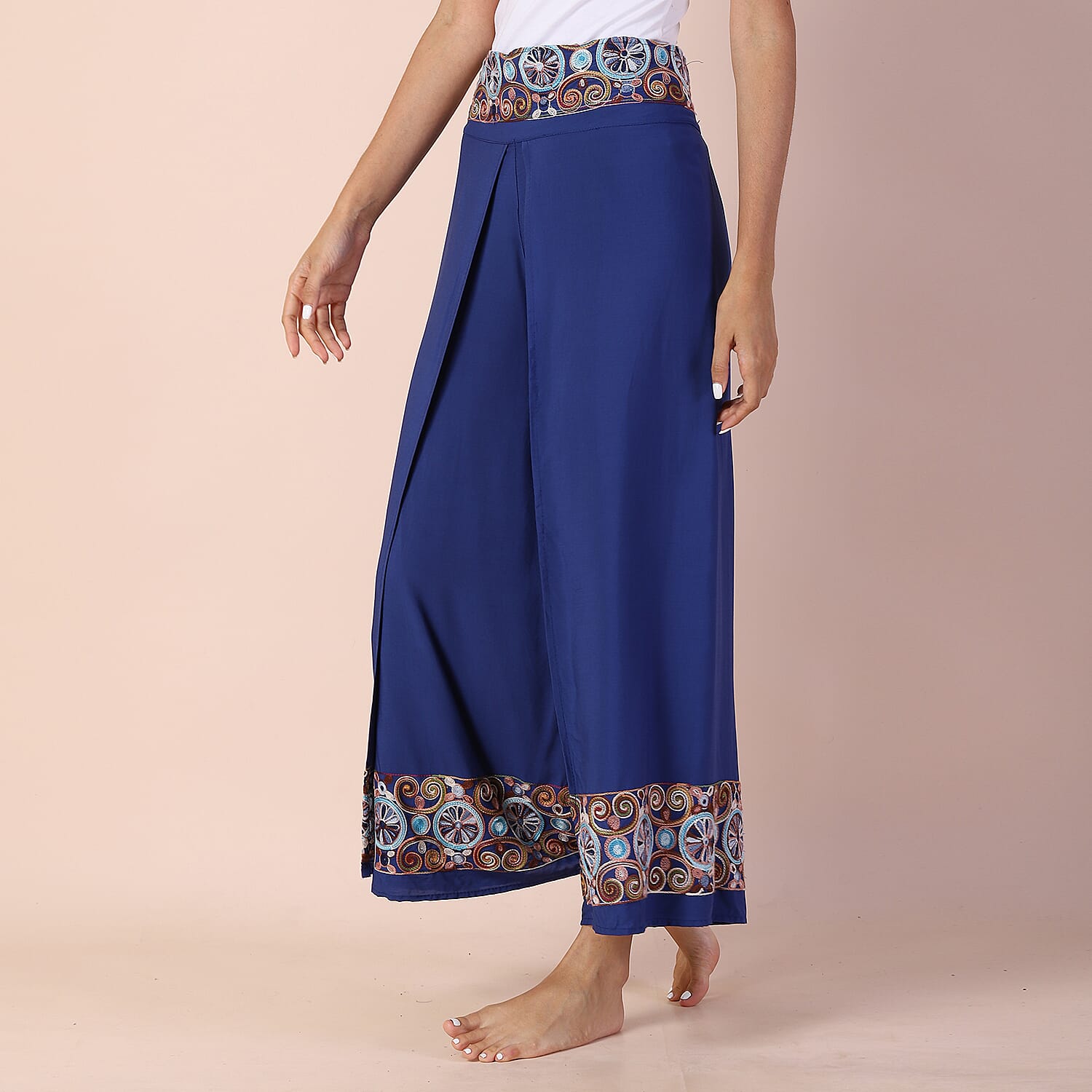 LA MAREY 100% Viscose Embroidery Women Trousers (Size 14-16) - Blue