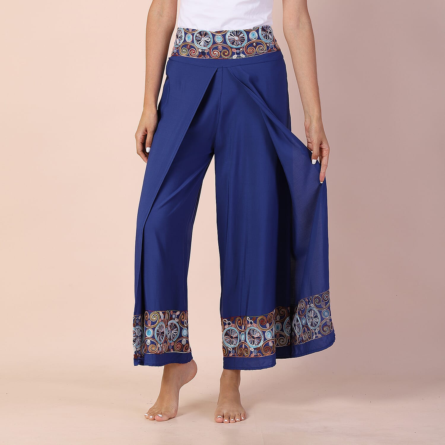 LA MAREY 100% Viscose Embroidery Women Trousers (Size 14-16) - Blue