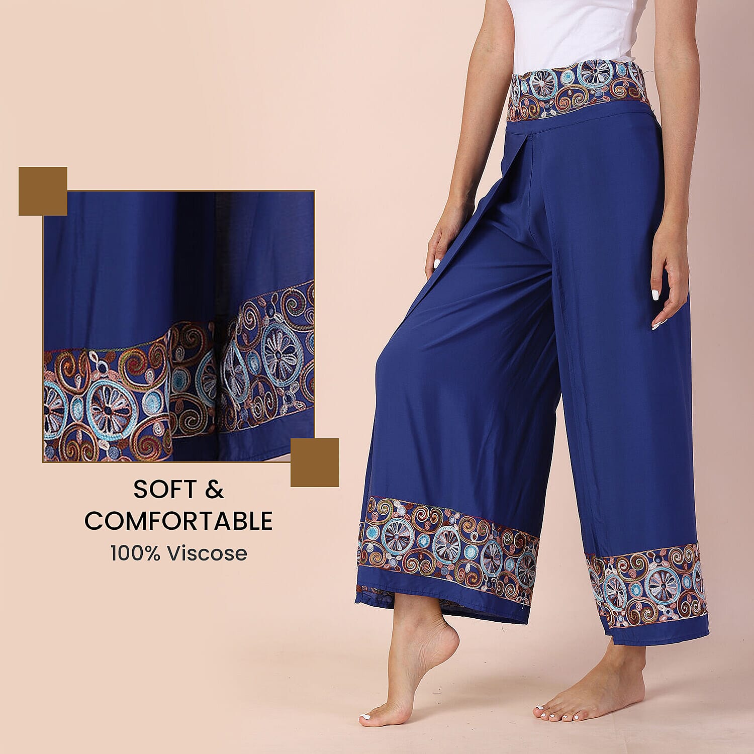 LA MAREY 100% Viscose Embroidery Women Trousers (Size 14-16) - Blue