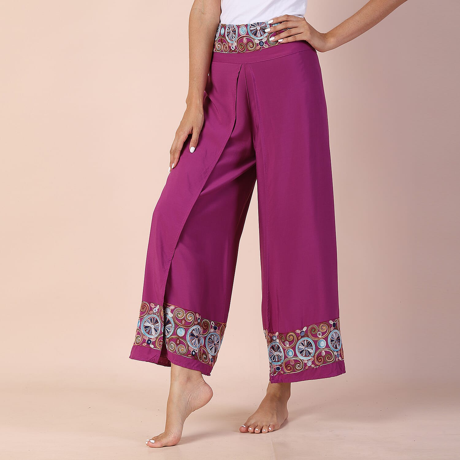 LA MAREY 100% Viscose Embroidery Women Trousers (Size 14-16) - Purple