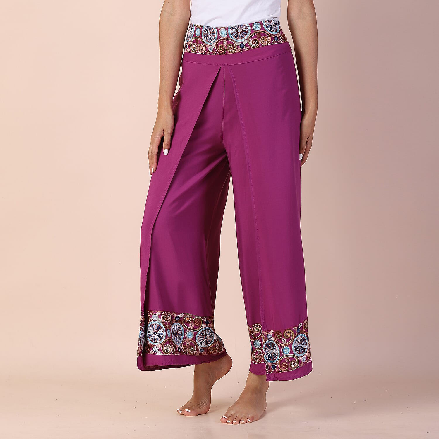 LA MAREY 100% Viscose Embroidery Women Trousers (Size 14-16) - Purple
