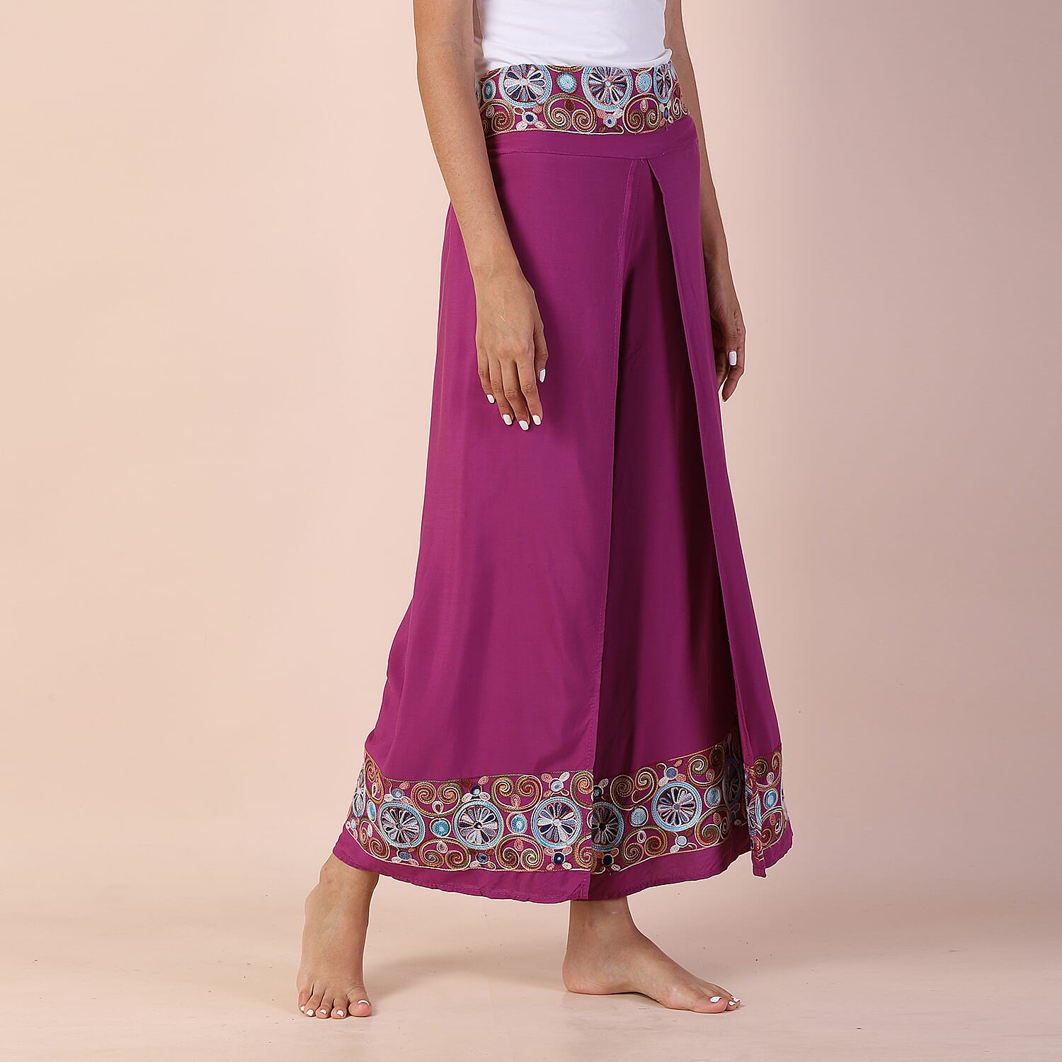 LA MAREY 100% Viscose Embroidery Women Trousers (Size 14-16) - Purple