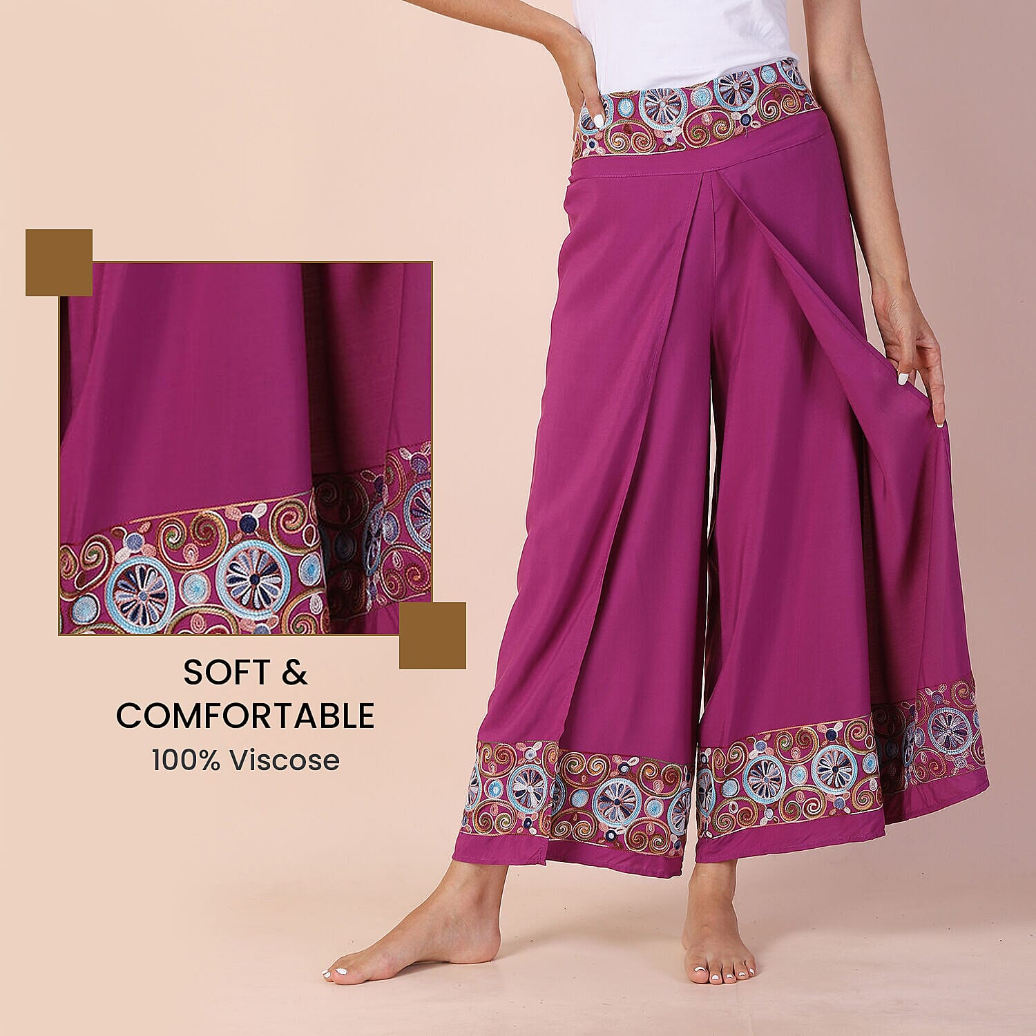 LA MAREY 100% Viscose Embroidery Women Trousers (Size 14-16) - Purple