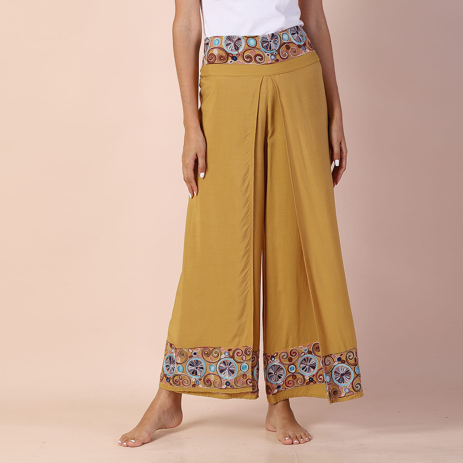 LA MAREY 100% Viscose Embroidery Women Trousers (Size 14-16) - Mustard