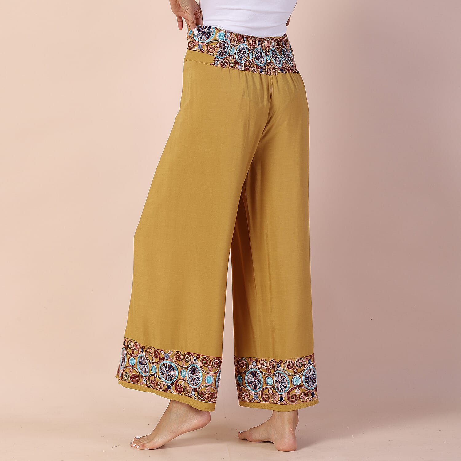 LA MAREY 100% Viscose Embroidery Women Trousers (Size 14-16) - Mustard