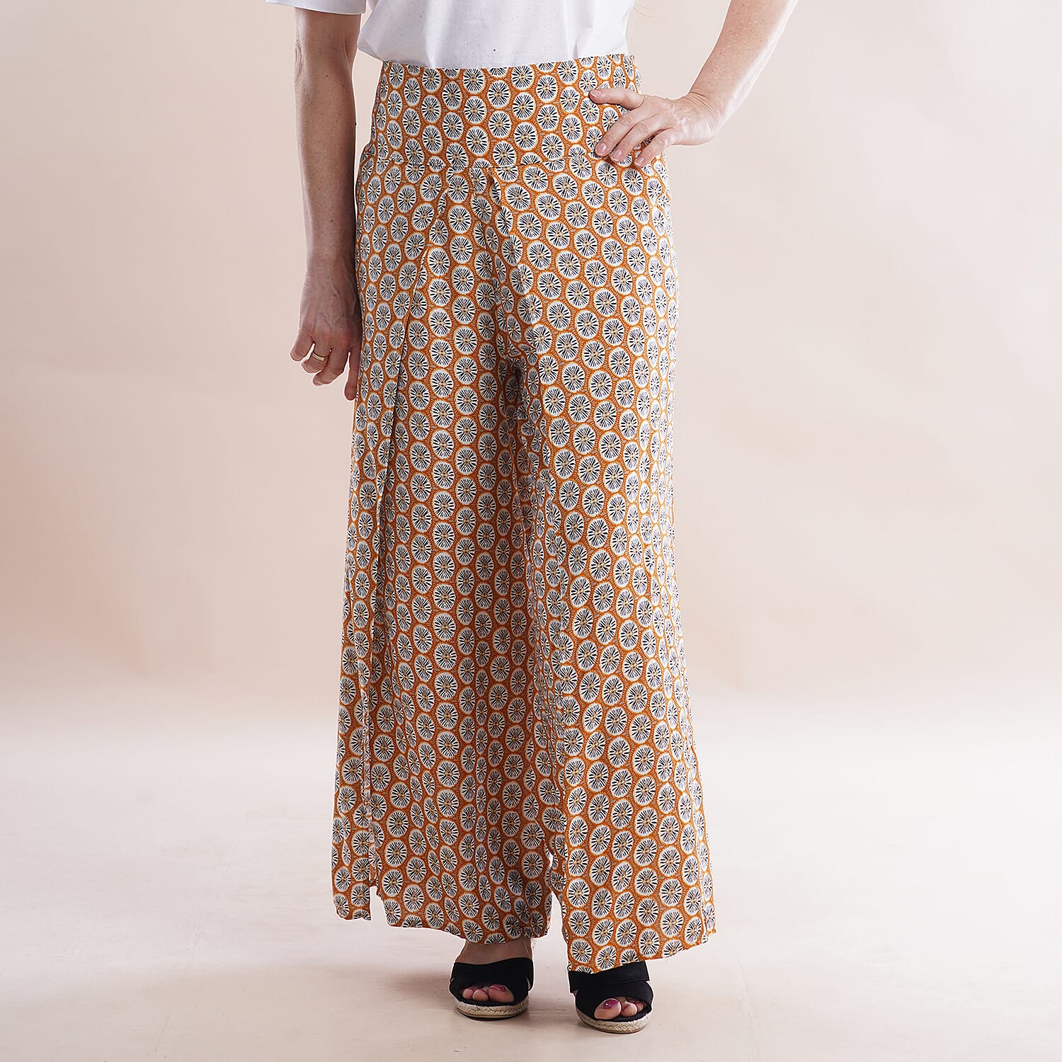 JOVIE Miss Collection 100% Viscose Elastic Band Printed Trousers (Size M-L, 8-16) - Yellow, Black & White