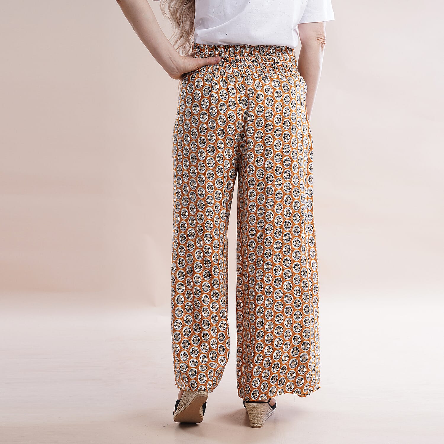 JOVIE Miss Collection 100% Viscose Elastic Band Printed Trousers (Size M-L, 8-16) - Yellow, Black & White