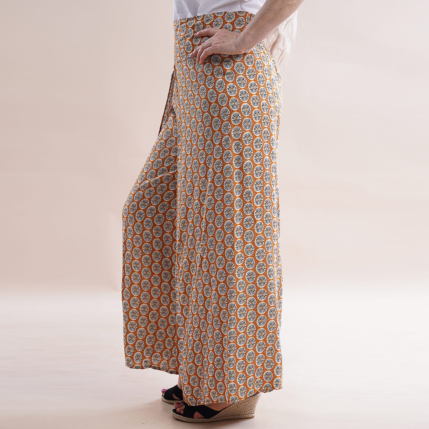 JOVIE Miss Collection 100% Viscose Elastic Band Printed Trousers (Size M-L, 8-16) - Yellow, Black & White