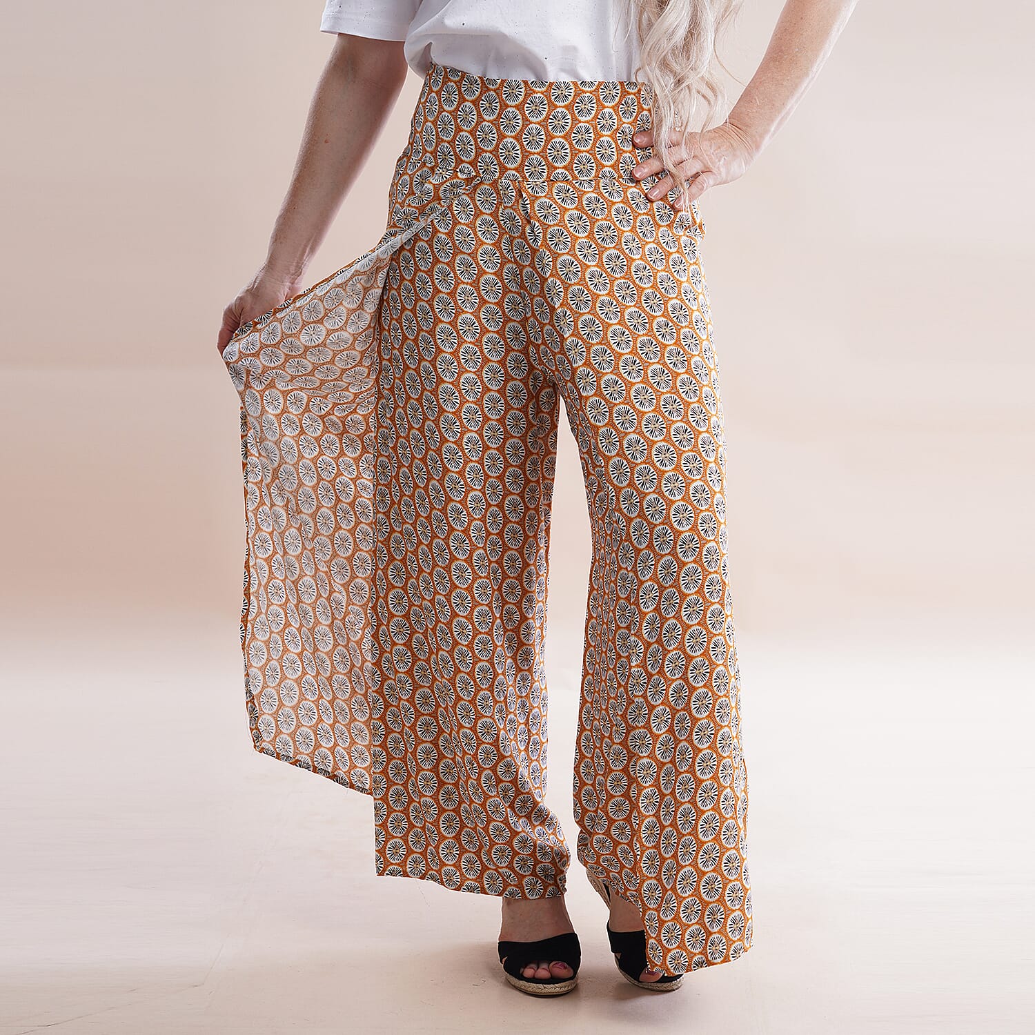 JOVIE Miss Collection 100% Viscose Elastic Band Printed Trousers (Size M-L, 8-16) - Yellow, Black & White