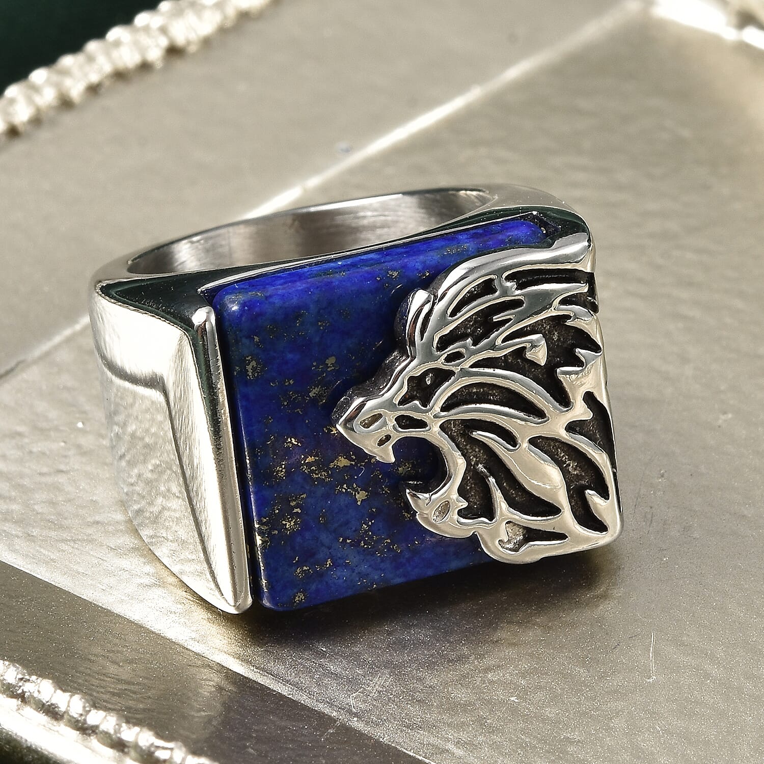Lapis Lazuli Lion Ring in Stainless Steel 10.00 Ct.