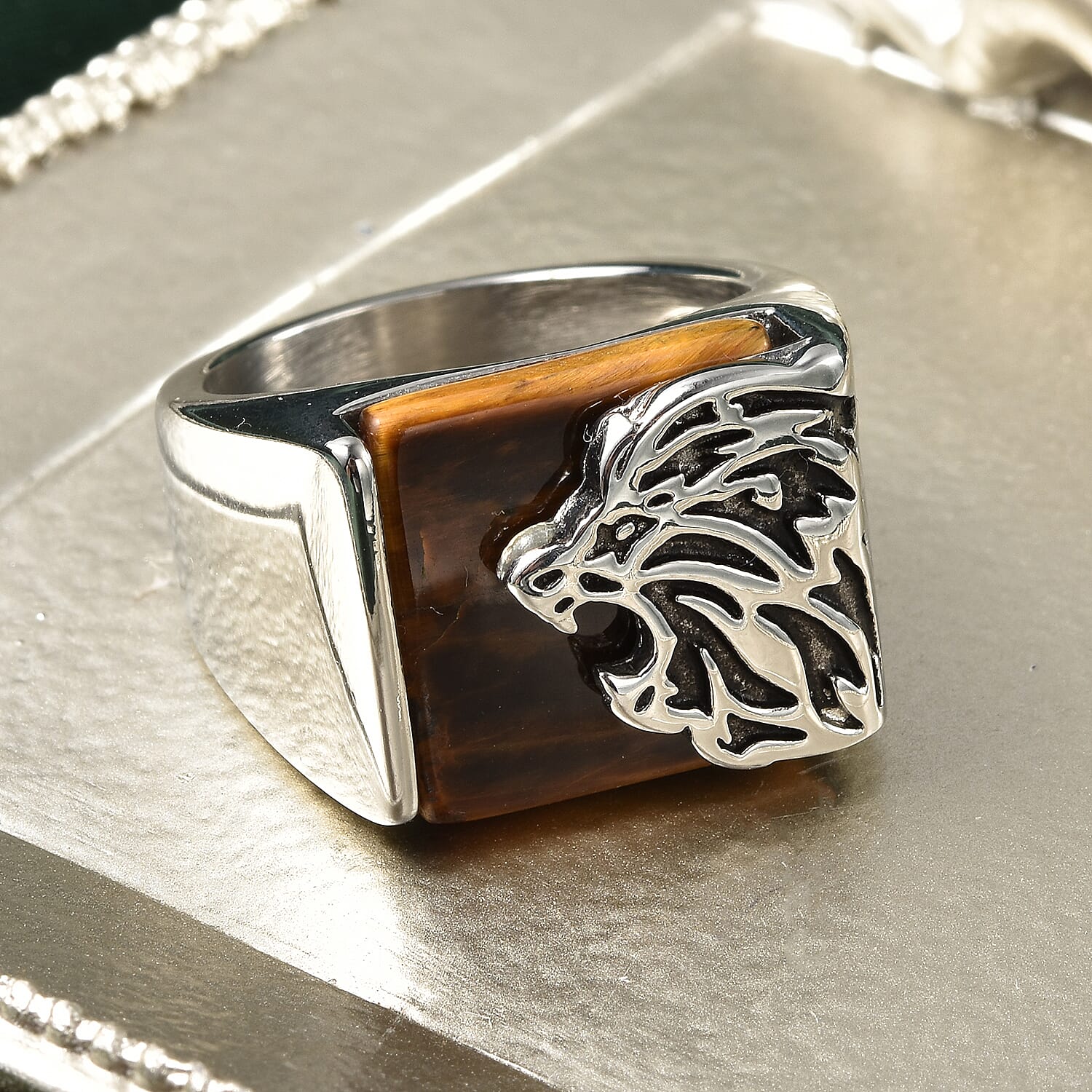 Yellow Tigers Eye Lion Ring in Stainless Steel 10.00 Ct.