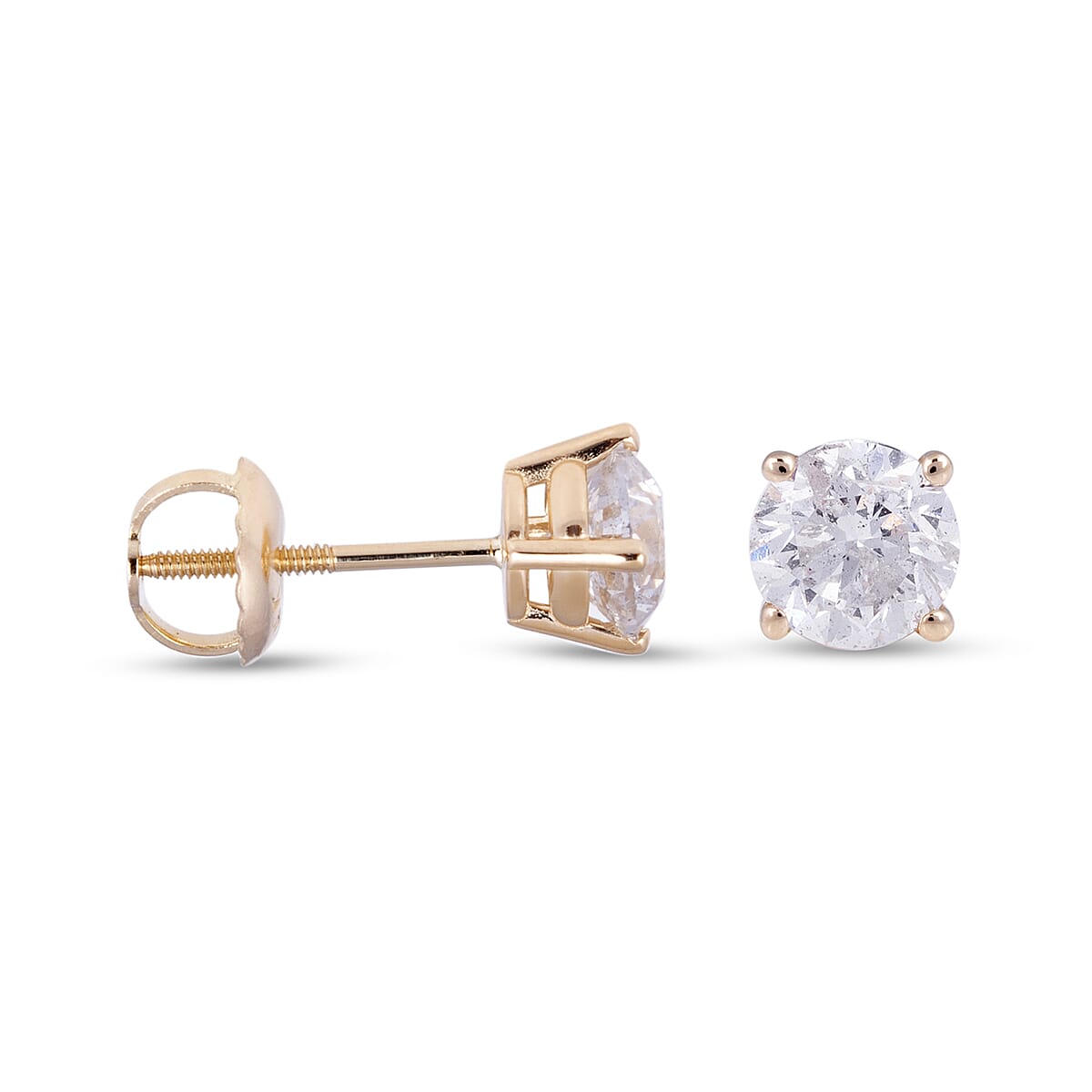 14K Yellow Gold Diamond (I1-I2/ G-H) Stud Earrings (with Screw Back) 1.00 ct.