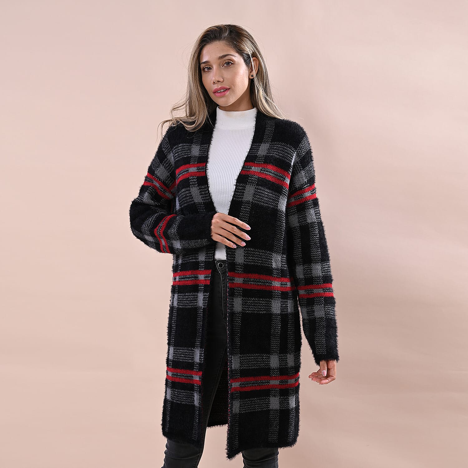 LA MAREY Check Pattern Sweater Cardigan -  Black & Grey