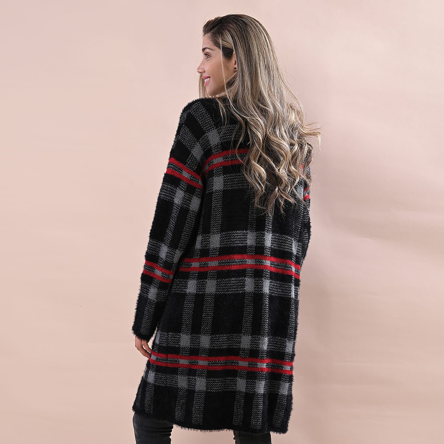 LA MAREY Check Pattern Sweater Cardigan -  Black & Grey