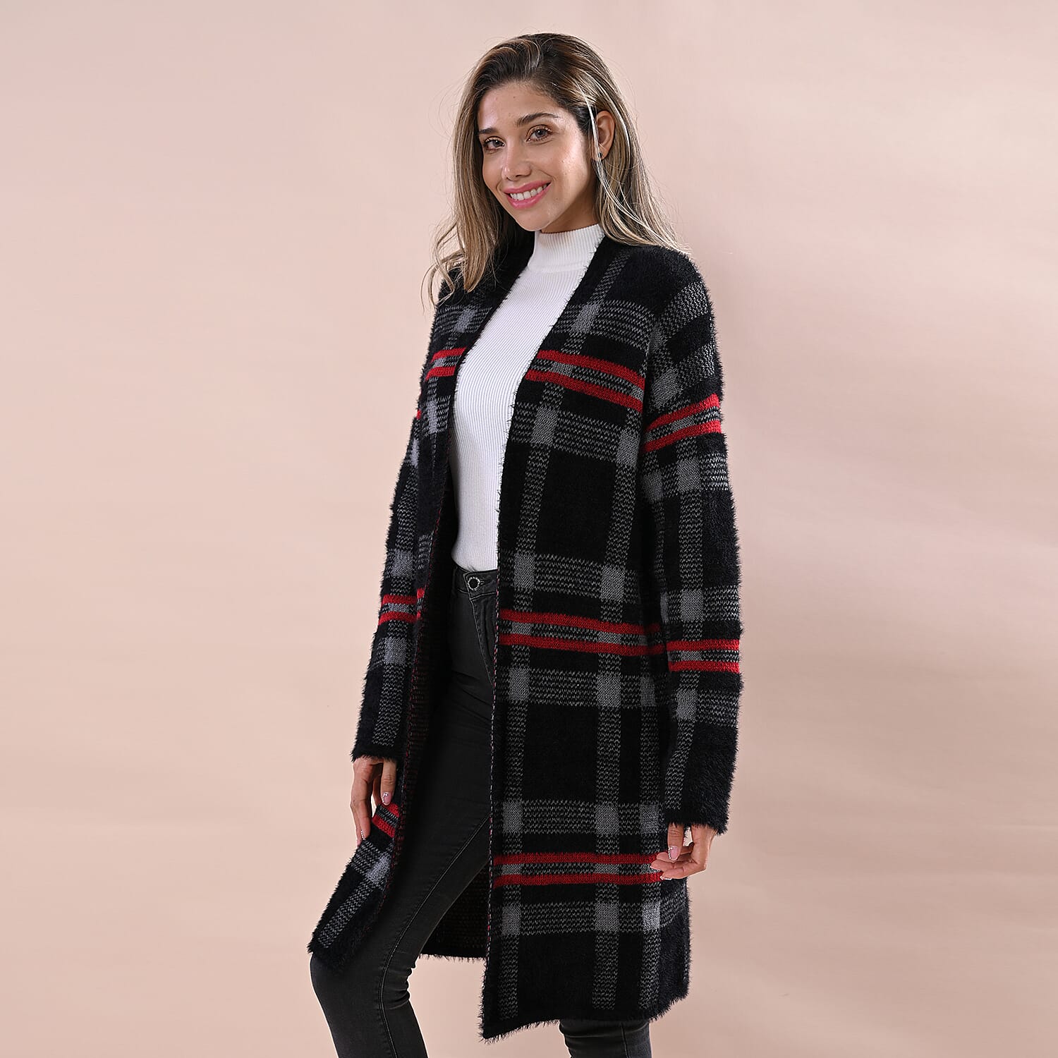 LA MAREY Check Pattern Sweater Cardigan -  Black & Grey