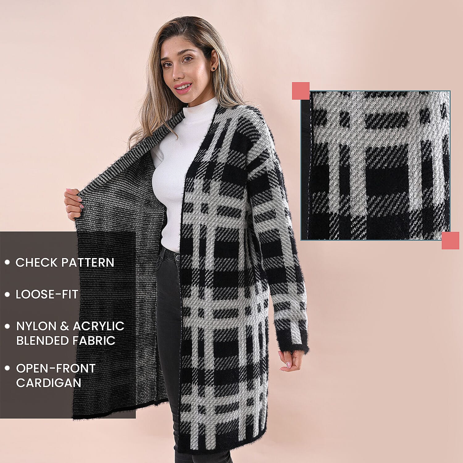 LA MAREY Checkered Pattern Sweater Cardigan (Size90x54 Cm) - Black, Cream & Grey