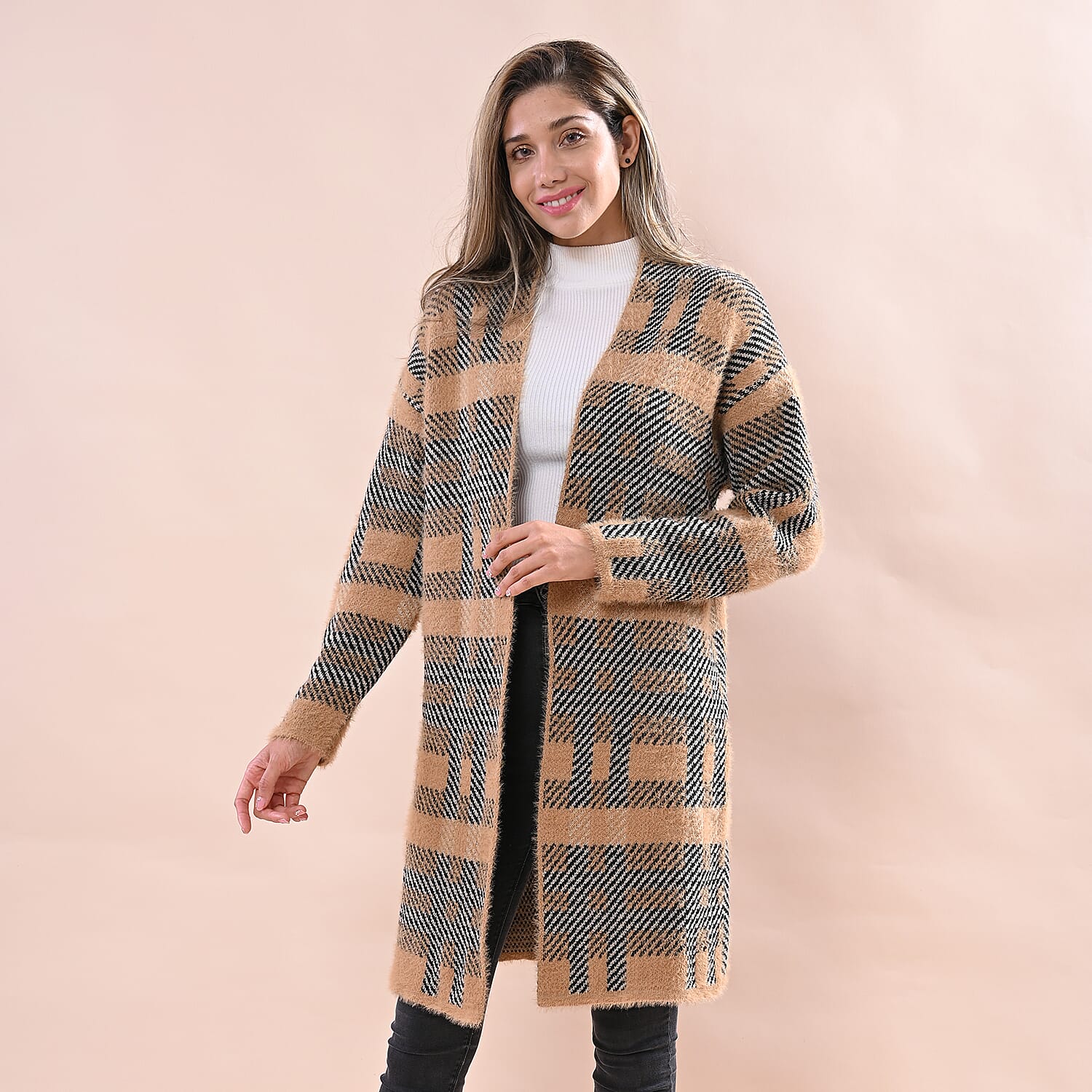 LA MAREY Checkered Pattern Sweater Cardigan (Size 90x54 Cm) - Black & Camel