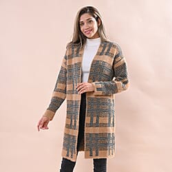 LA MAREY Check Pattern Sweater Cardigan - Black & Camel