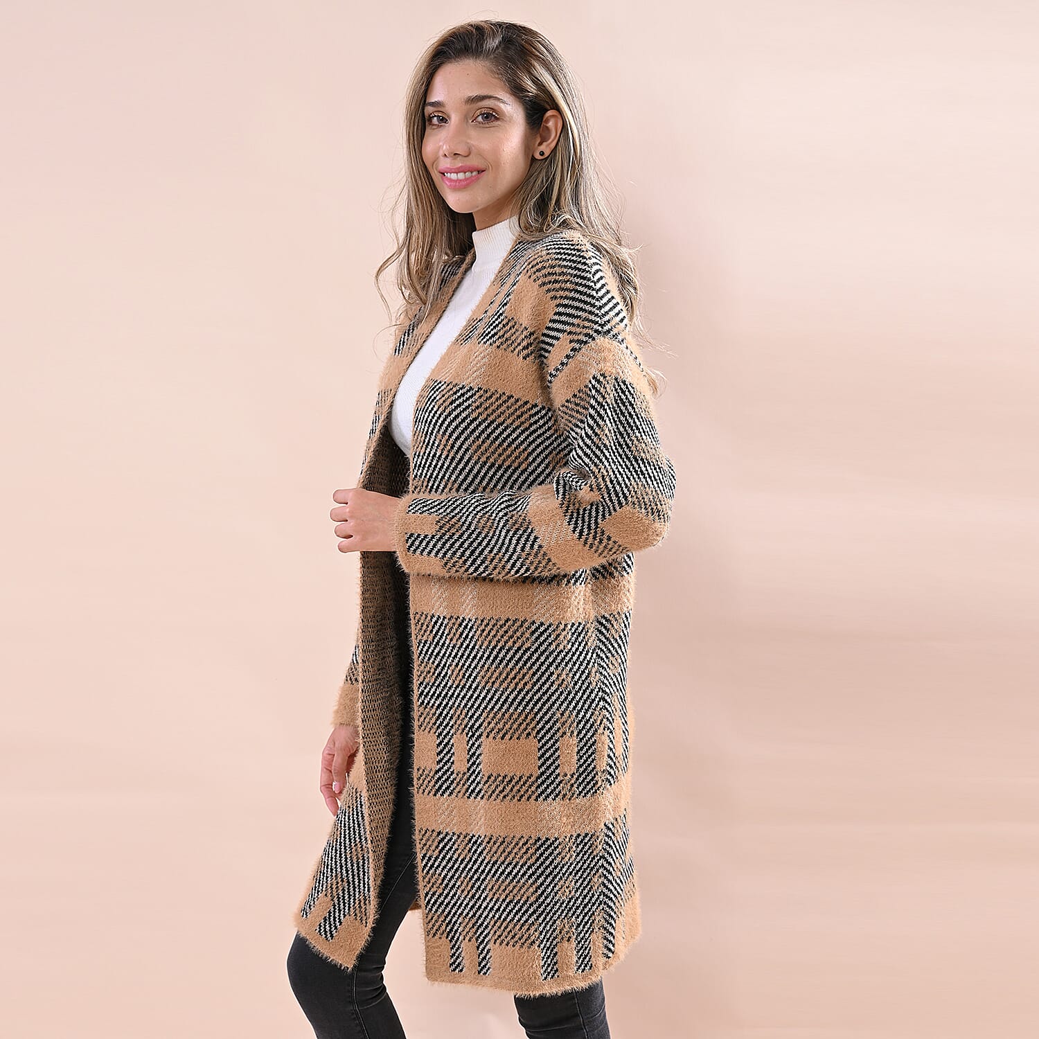 LA MAREY Checkered Pattern Sweater Cardigan (Size 90x54 Cm) - Black & Camel