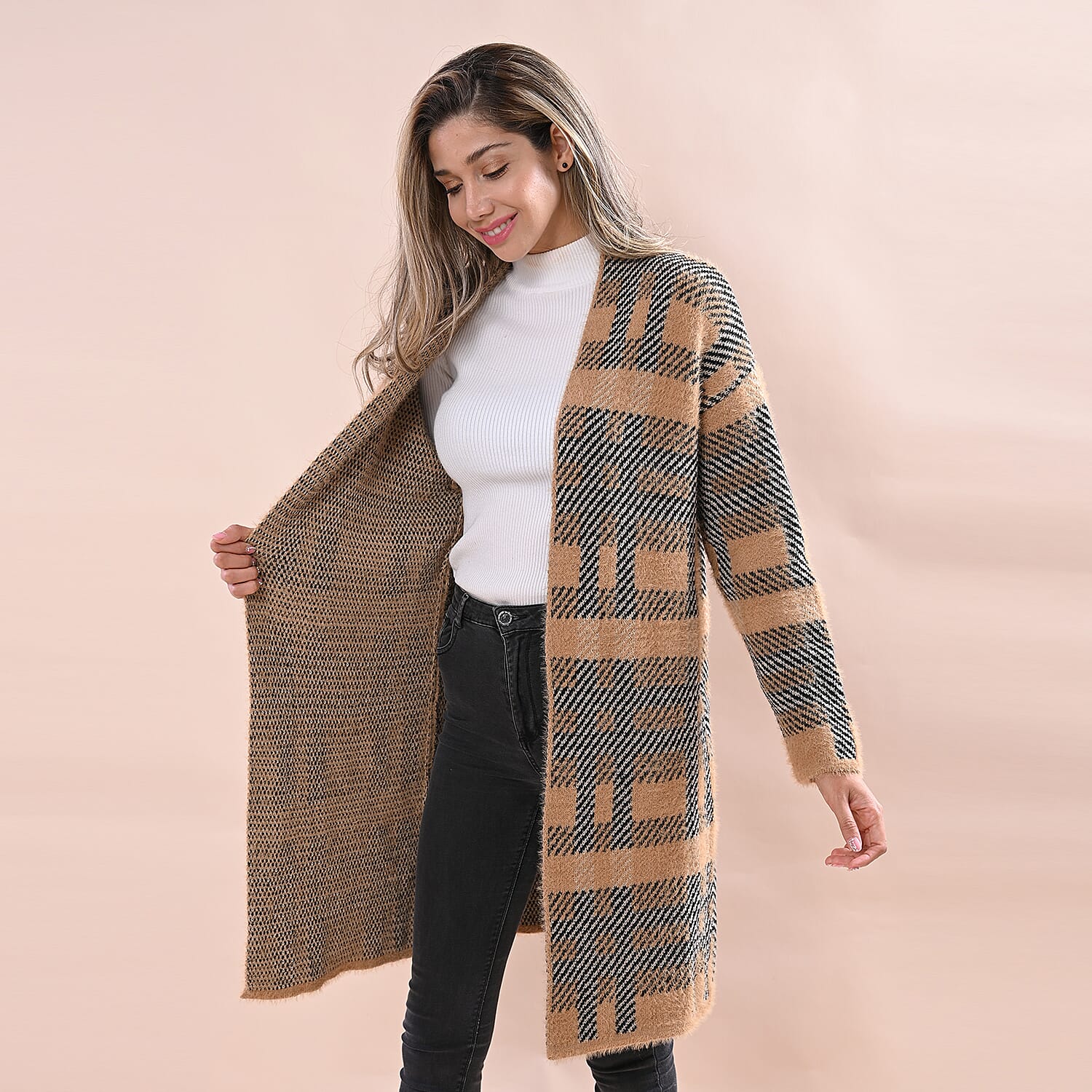 LA MAREY Checkered Pattern Sweater Cardigan (Size 90x54 Cm) - Black & Camel