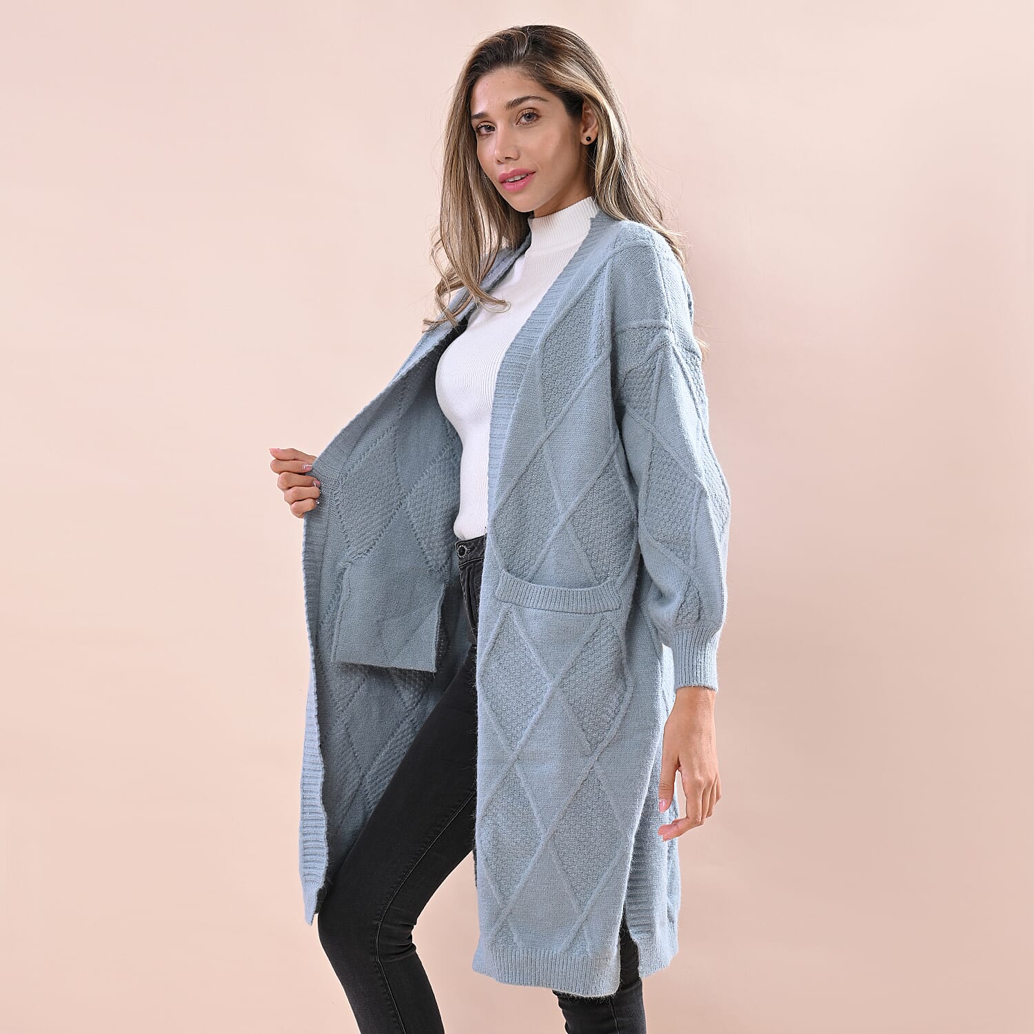 LA MAREY Chunky Cable Knitted Long Cardigan (Size 90x62 Cm) - Pastel Green