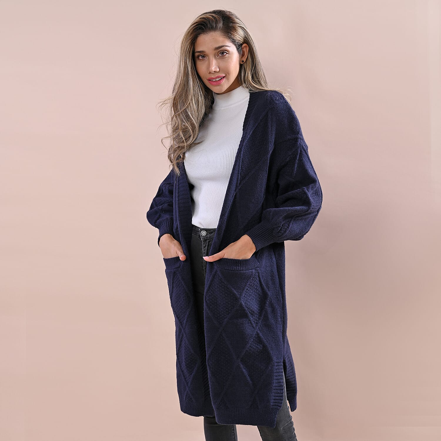 LA MAREY Chunky Cable Knitted Long Cardigan (Size 90x62 Cm) - Navy