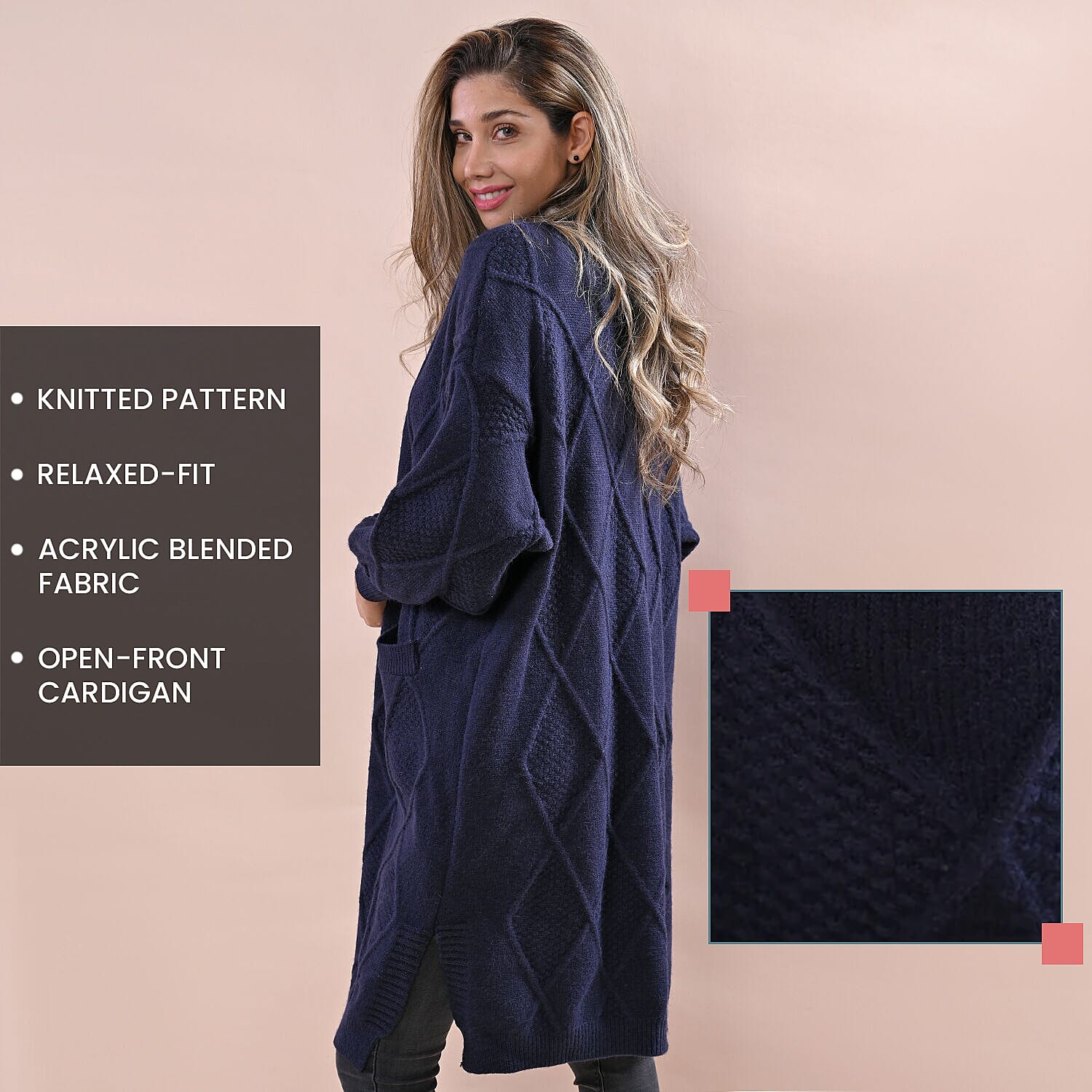 LA MAREY Chunky Cable Knitted Long Cardigan (Size 90x62 Cm) - Navy