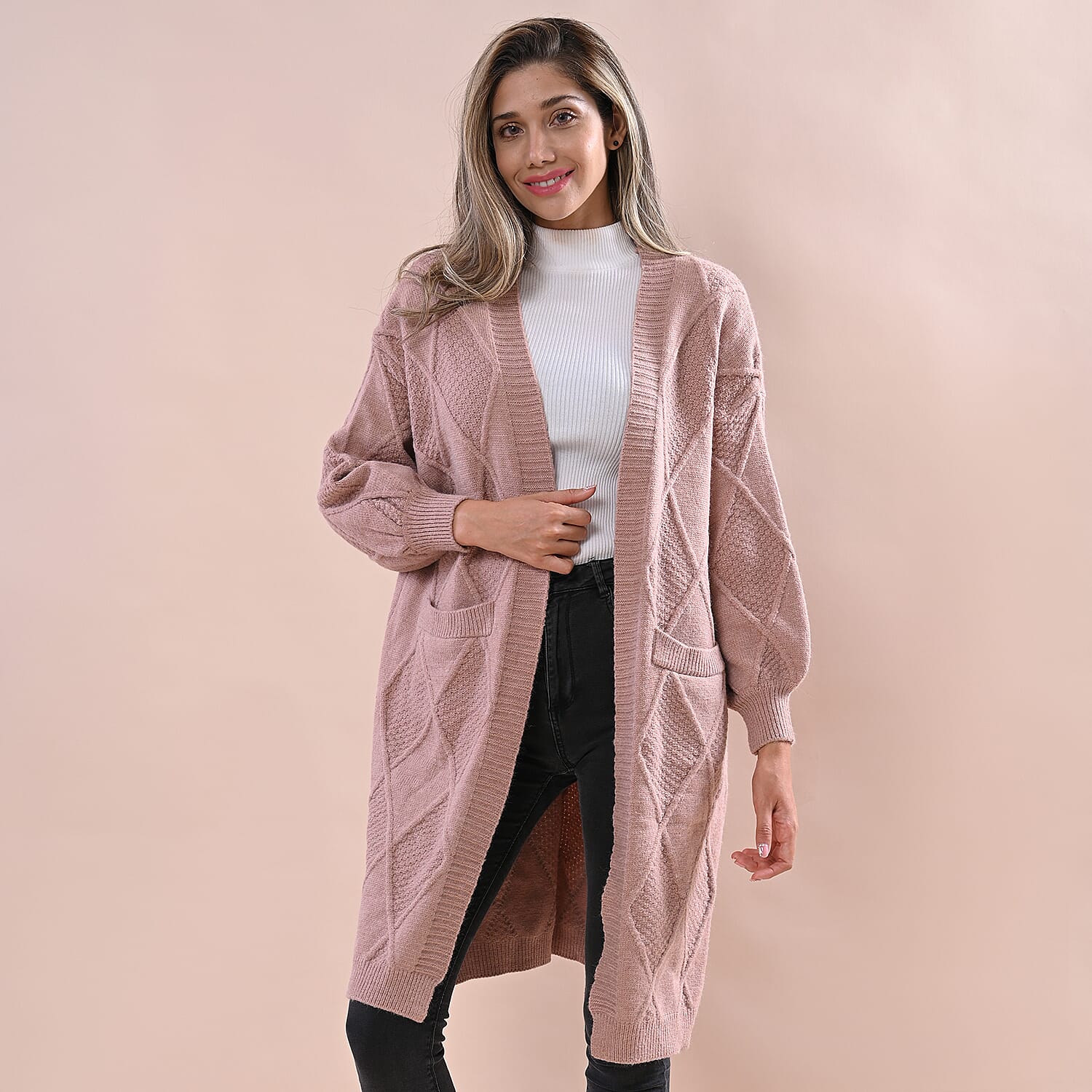 LA MAREY Chunky Cable Knitted Long Cardigan (Size 90x62 Cm  ) - Dusty Pink