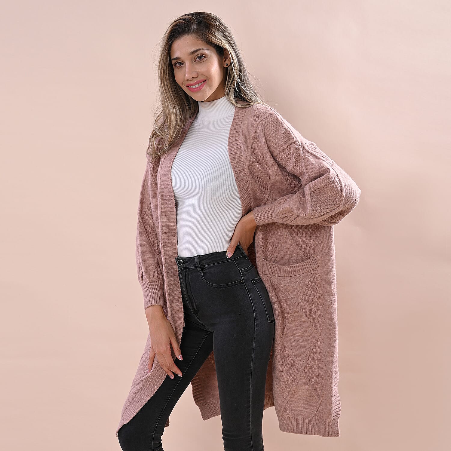 LA MAREY Chunky Cable Knitted Long Cardigan (Size 90x62 Cm  ) - Dusty Pink