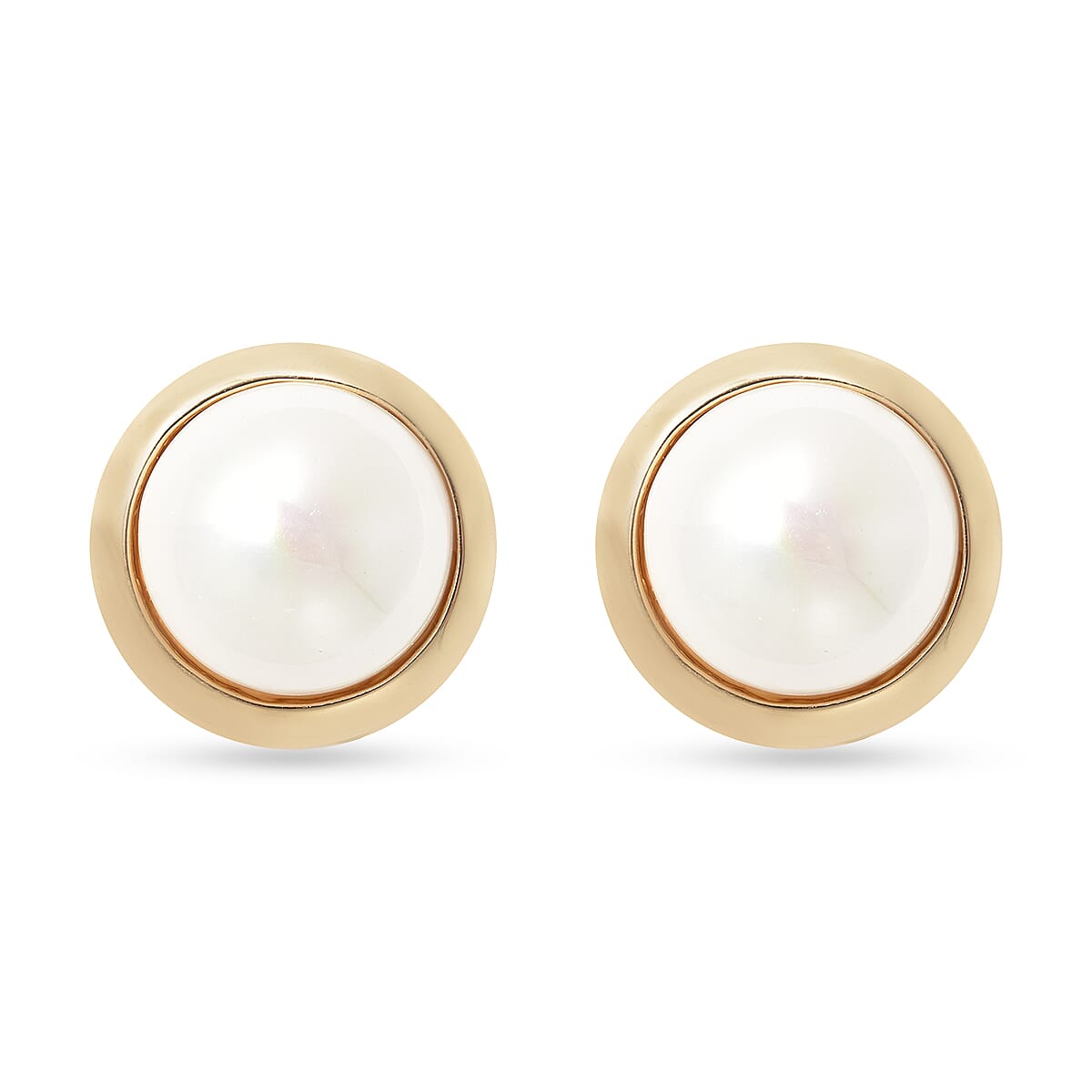 White Shell Pearl Stud Clip Earrings in Yellow Gold Tone