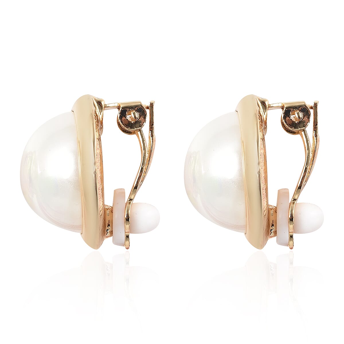White Shell Pearl Stud Clip Earrings in Yellow Gold Tone