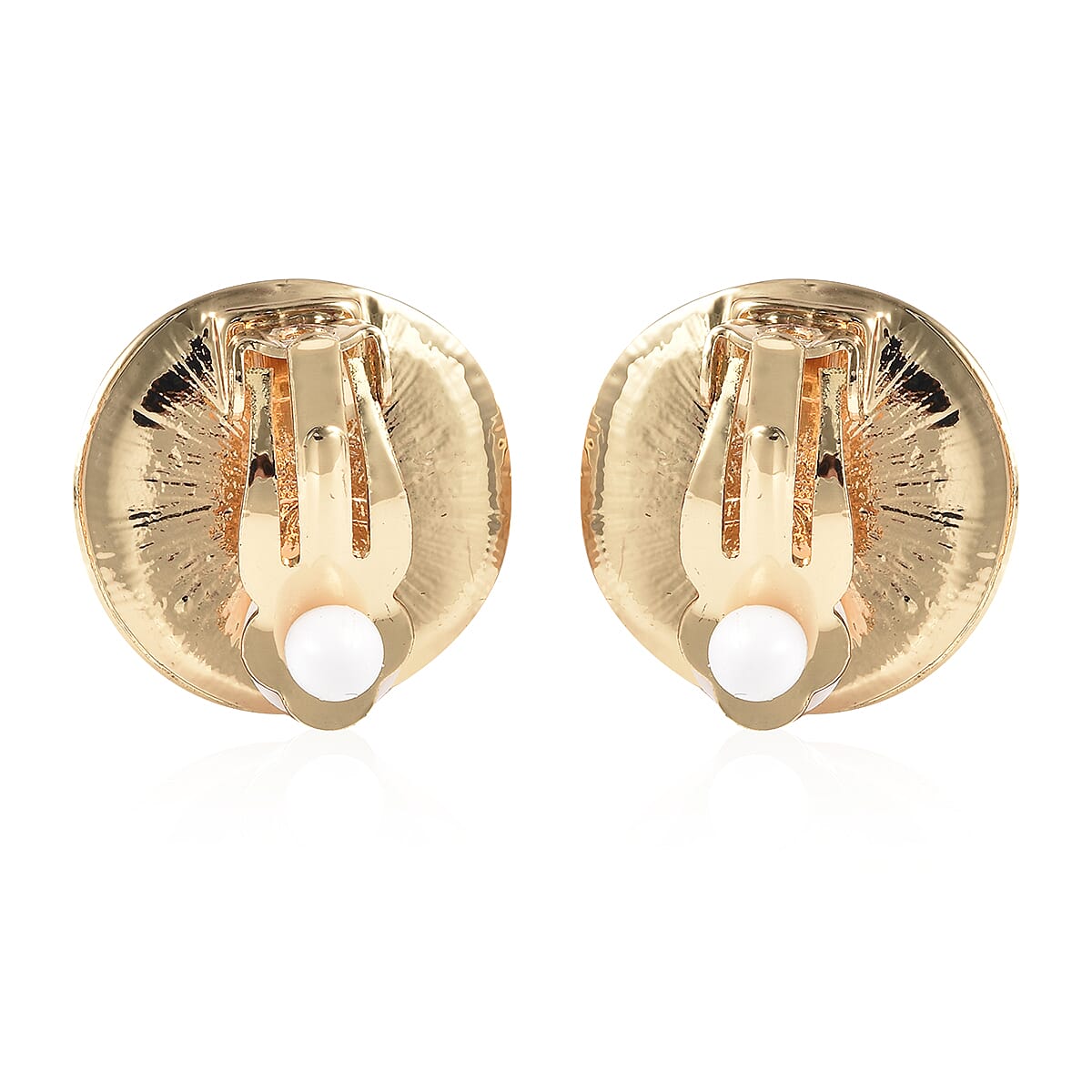 White Shell Pearl Stud Clip Earrings in Yellow Gold Tone