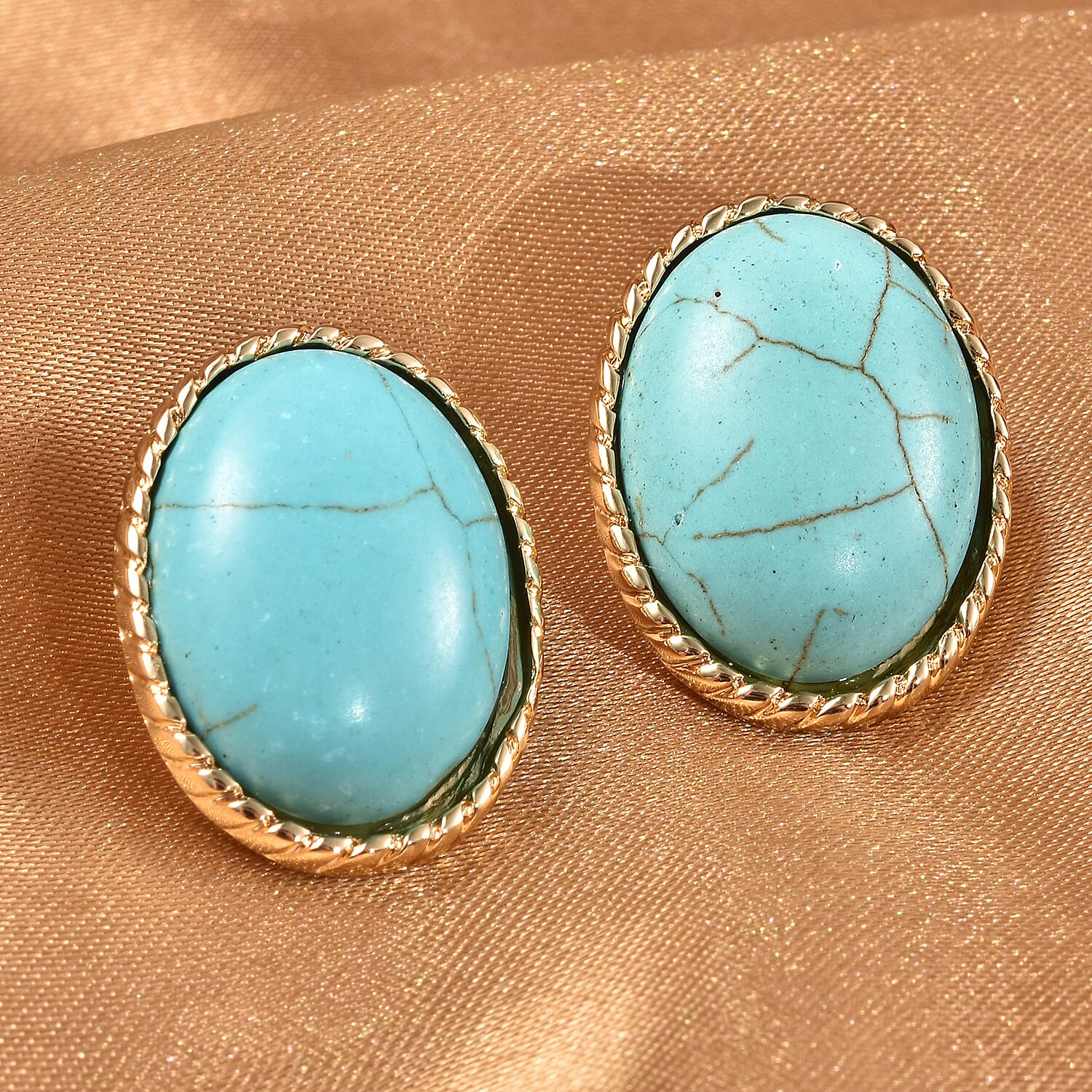 Blue Howlite French Clip Earrings in Yellow Gold Tone