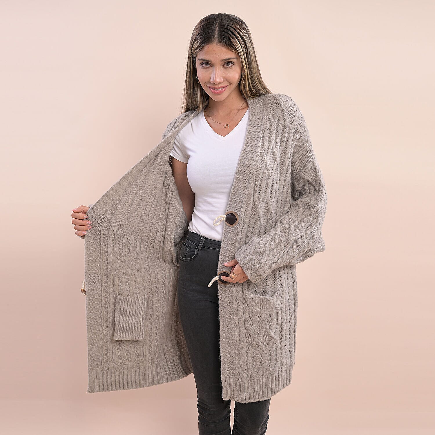 LA MAREY Long Sweater Cardigan with Buttons (80x60 Cm) - Grey