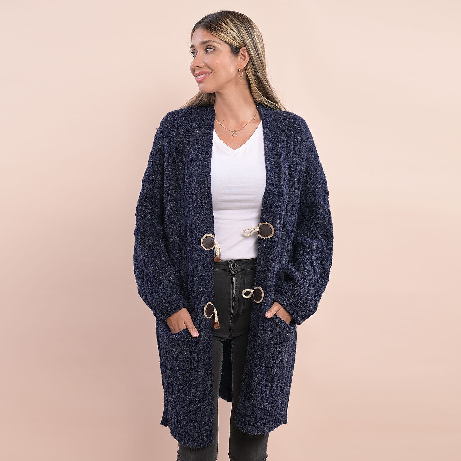 LA MAREY Long Sweater Cardigan with Buttons (80x60 Cm) - Navy