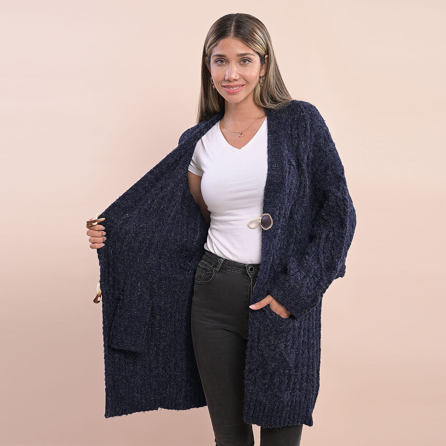 LA MAREY Long Sweater Cardigan with Buttons (80x60 Cm) - Navy
