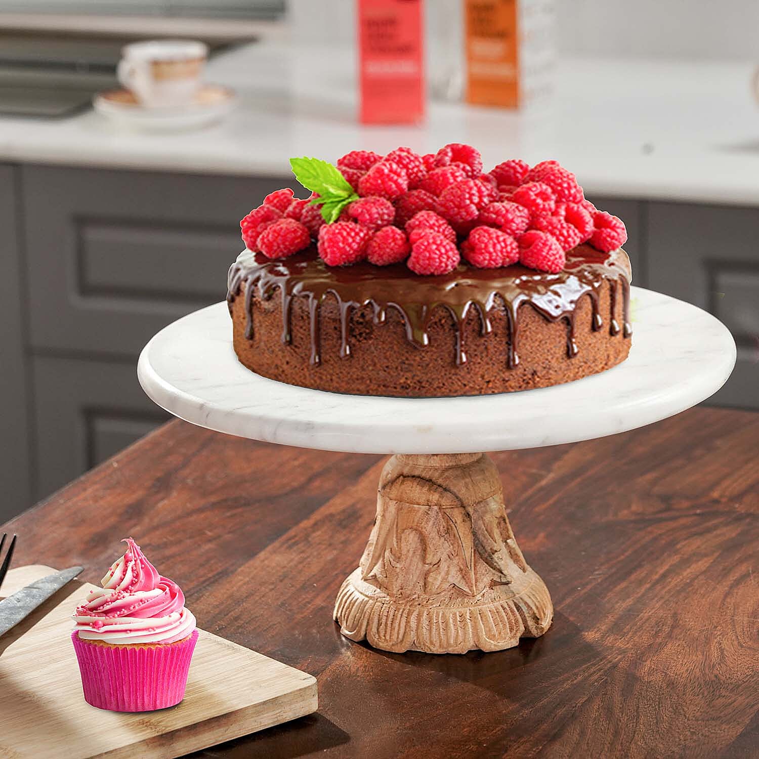 Handmade Marble Cake Stand with Wooden Base