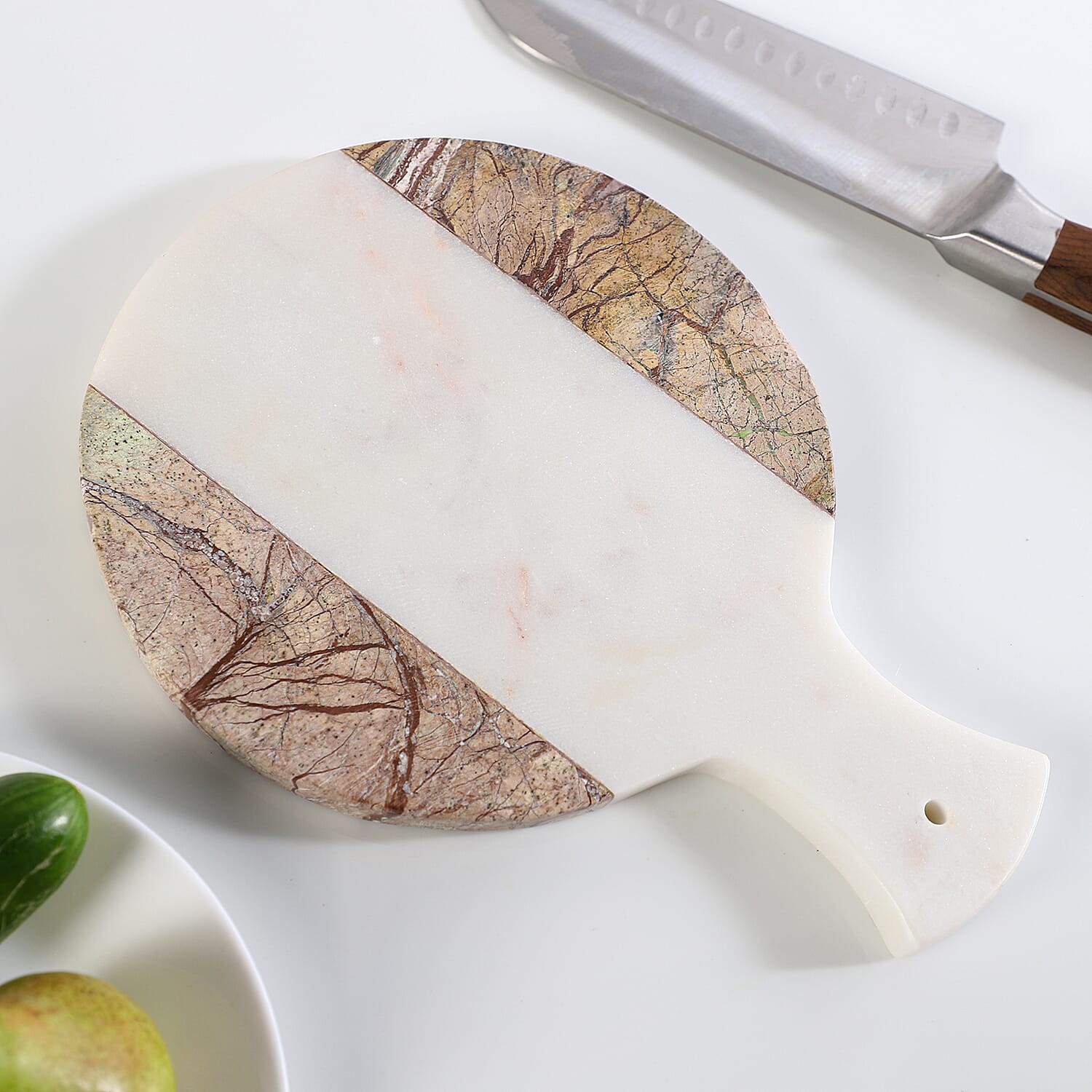 Round Shape Marble Chopping Board (Size 28x20Cm) - Brown and White