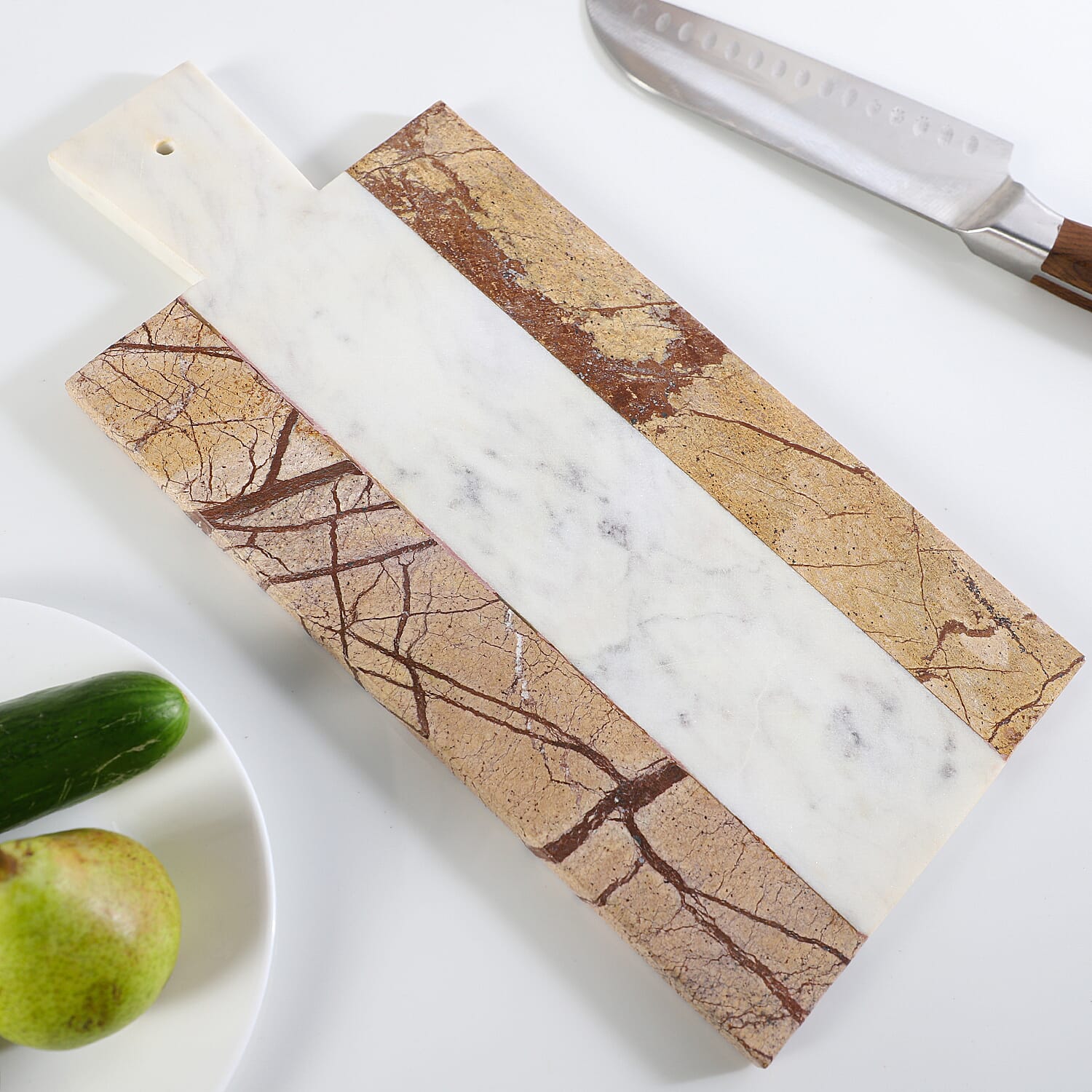 Rectangular Shape Marble Chopping Board (Size 38x18Cm) - Brown and White