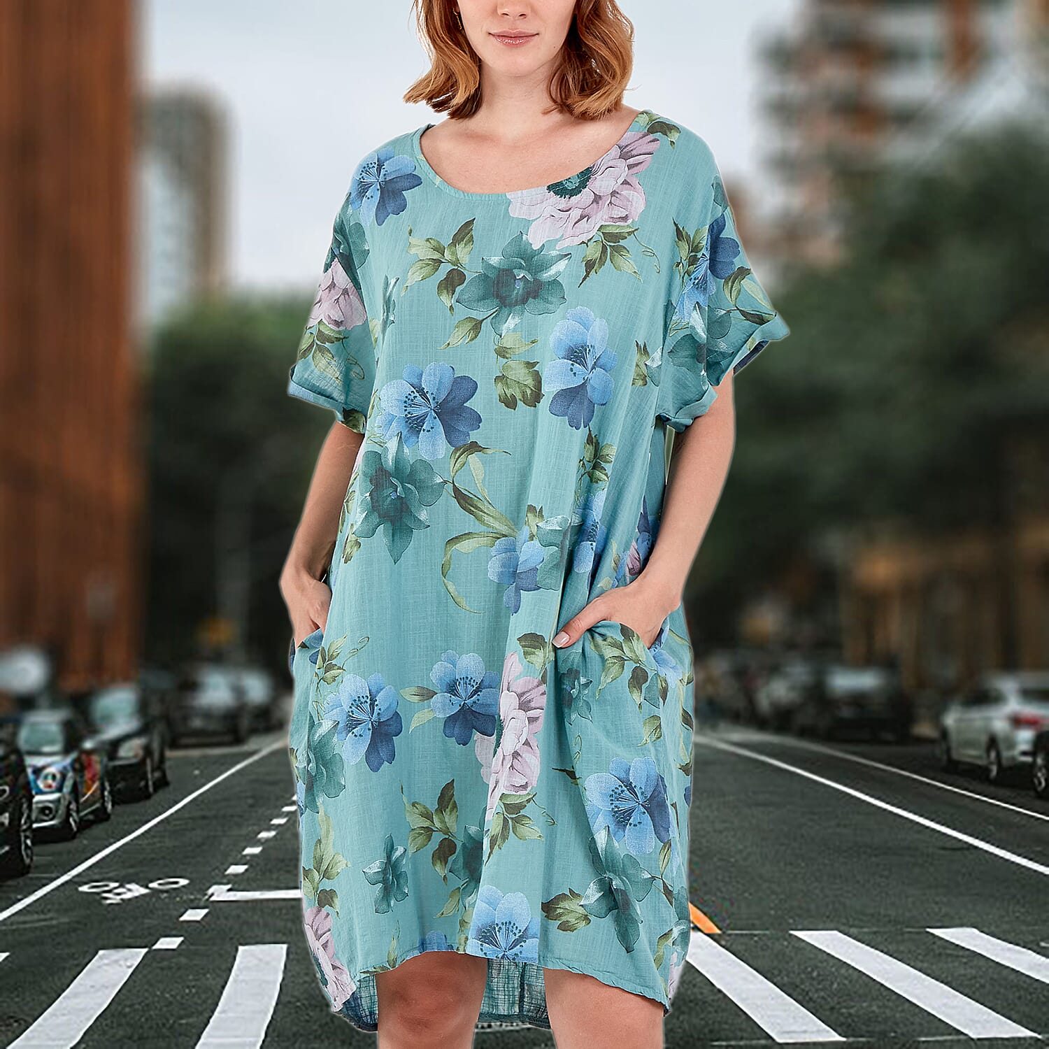 Floral Linen Two Pocket Dress (Size 8-18) - Mint Green