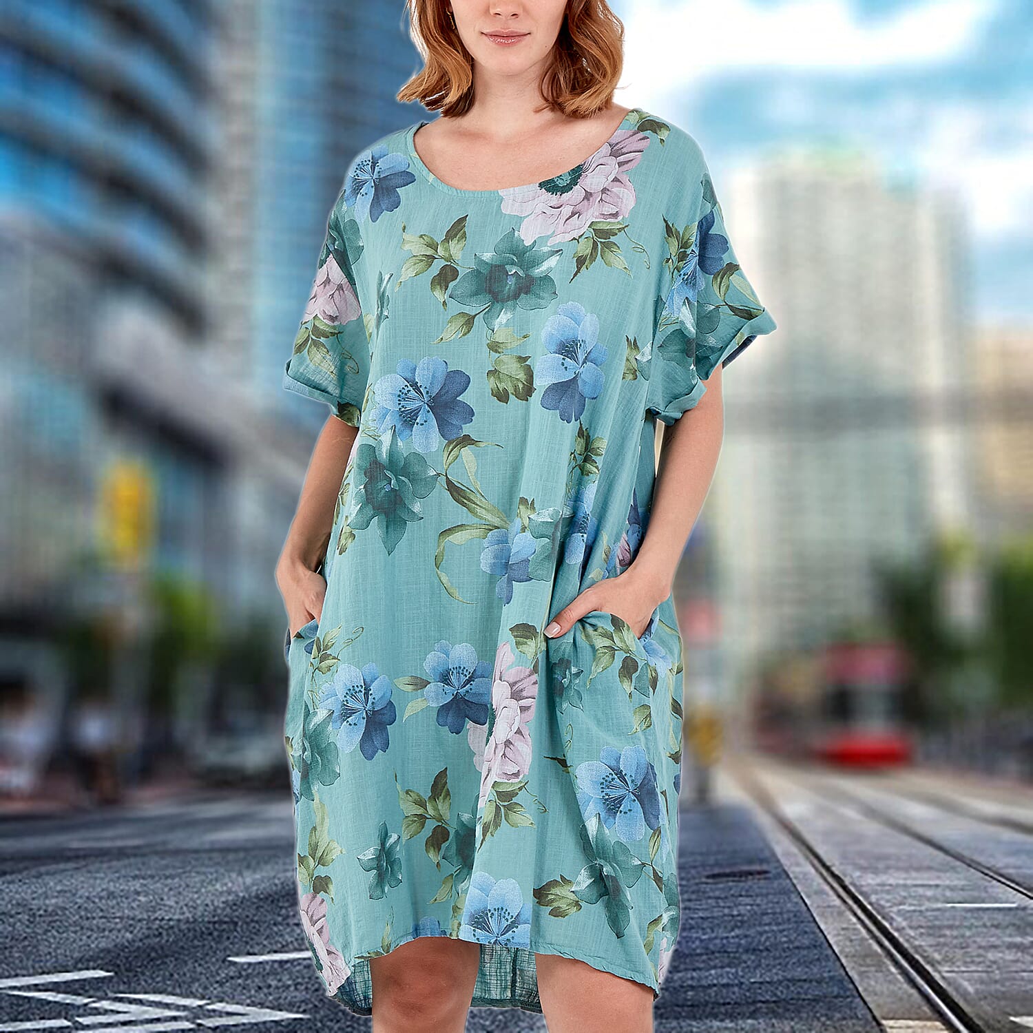 Floral Linen Two Pocket Dress (Size 8-18) - Mint Green
