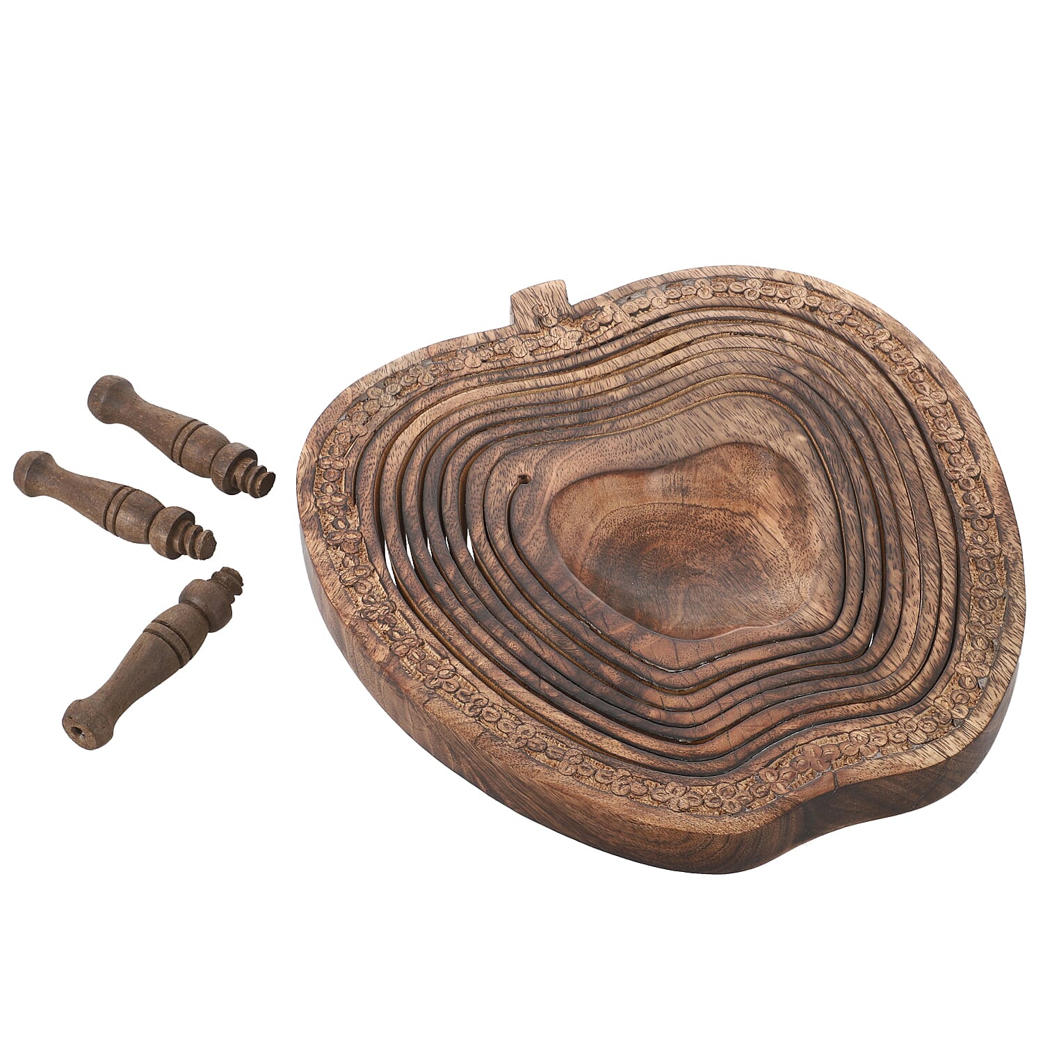 Wooden Carved Apple Shape Spring Tray with Small Legs (Size 25x24 Cm)