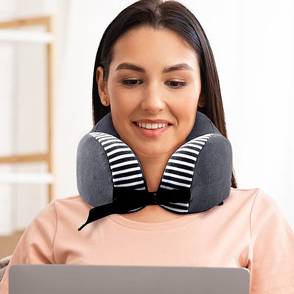 Memory Foam Neck Pillow with Buckle Closure (Size 22 Cm) - Grey