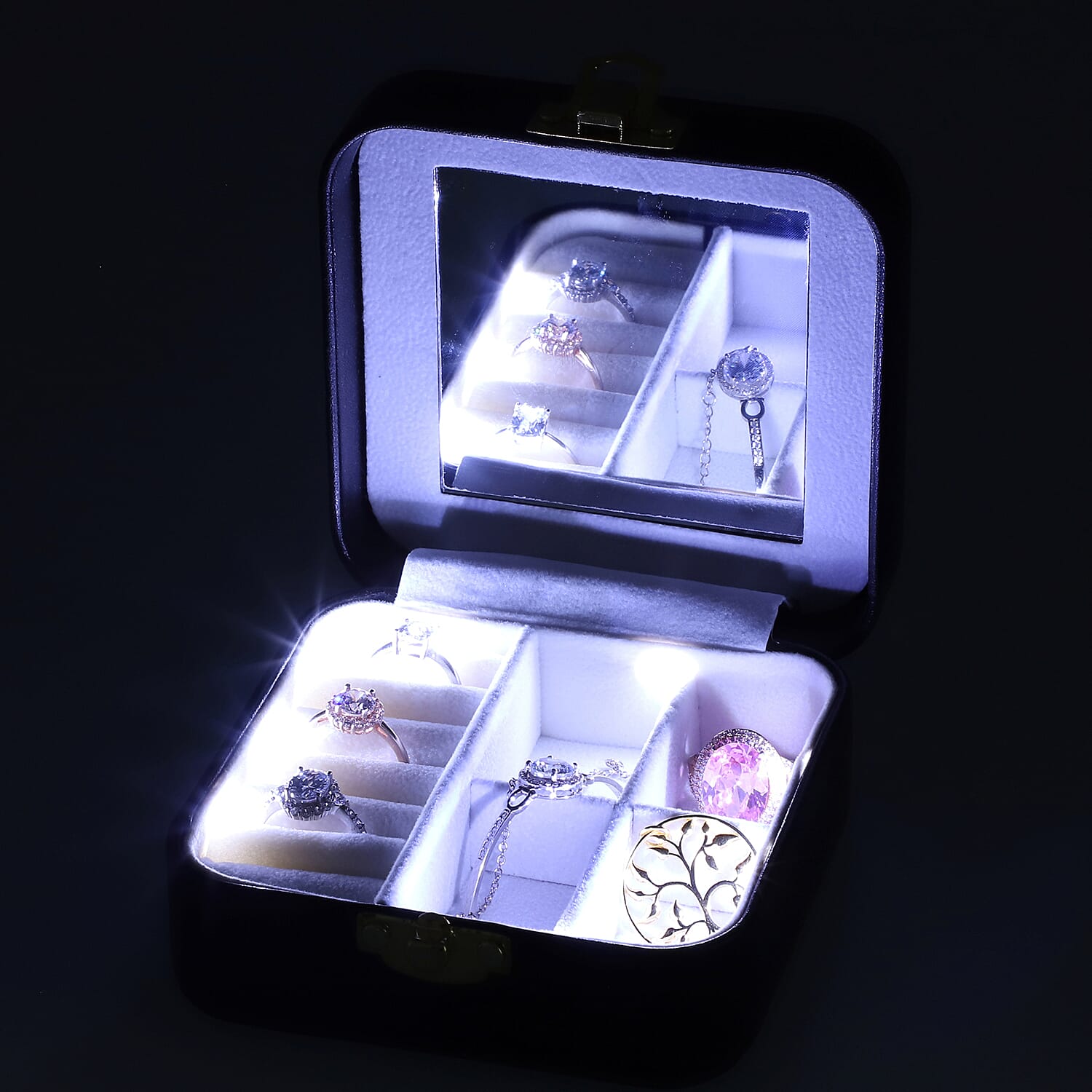 Stylish LED Light Mirror Jewellery Box wih Lock  Size 10x10x5 Cm - Black