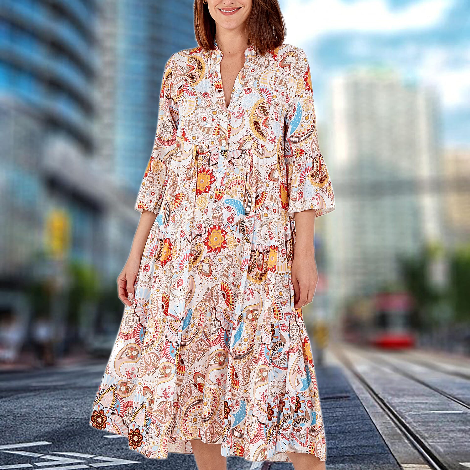 Nova of London - Viscose Paisley Print Midi Dress (Size 8-20) - Beige