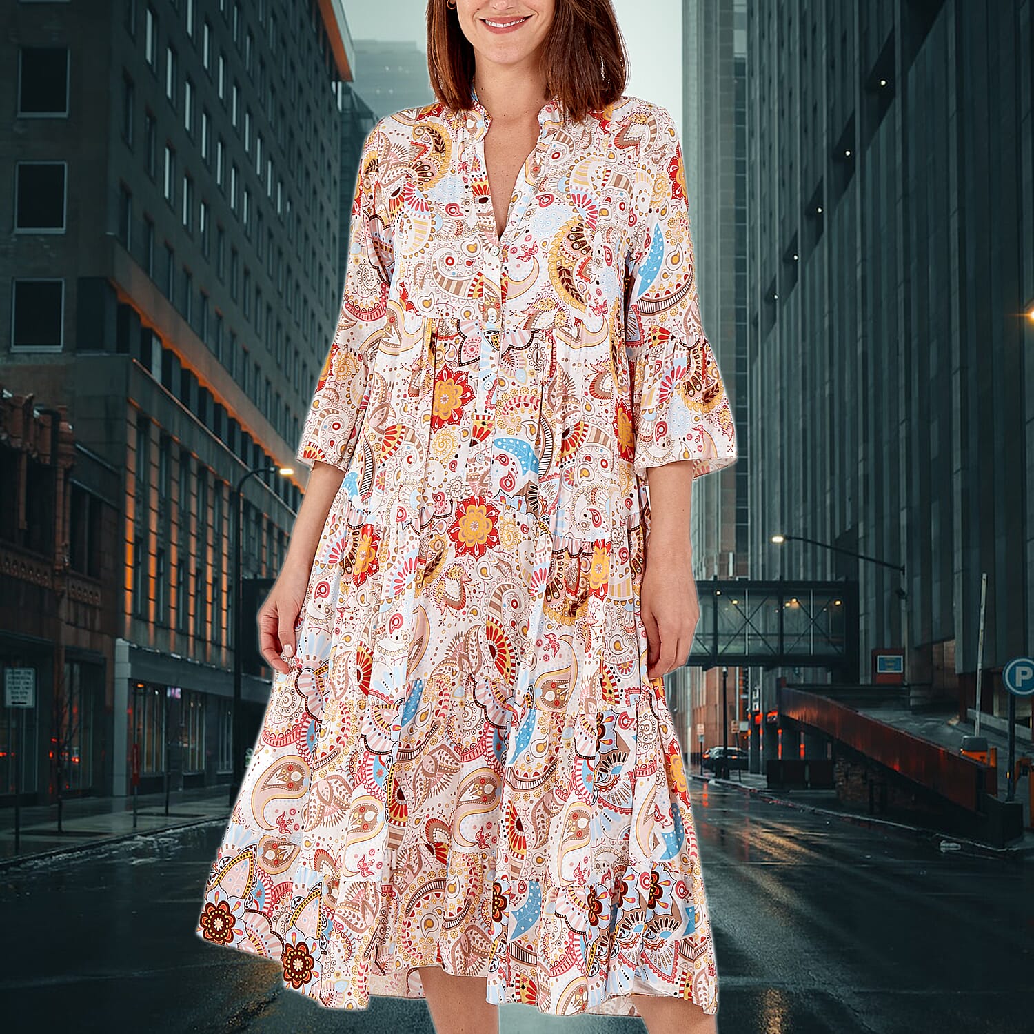 Nova of London - Viscose Paisley Print Midi Dress (Size 8-20) - Beige