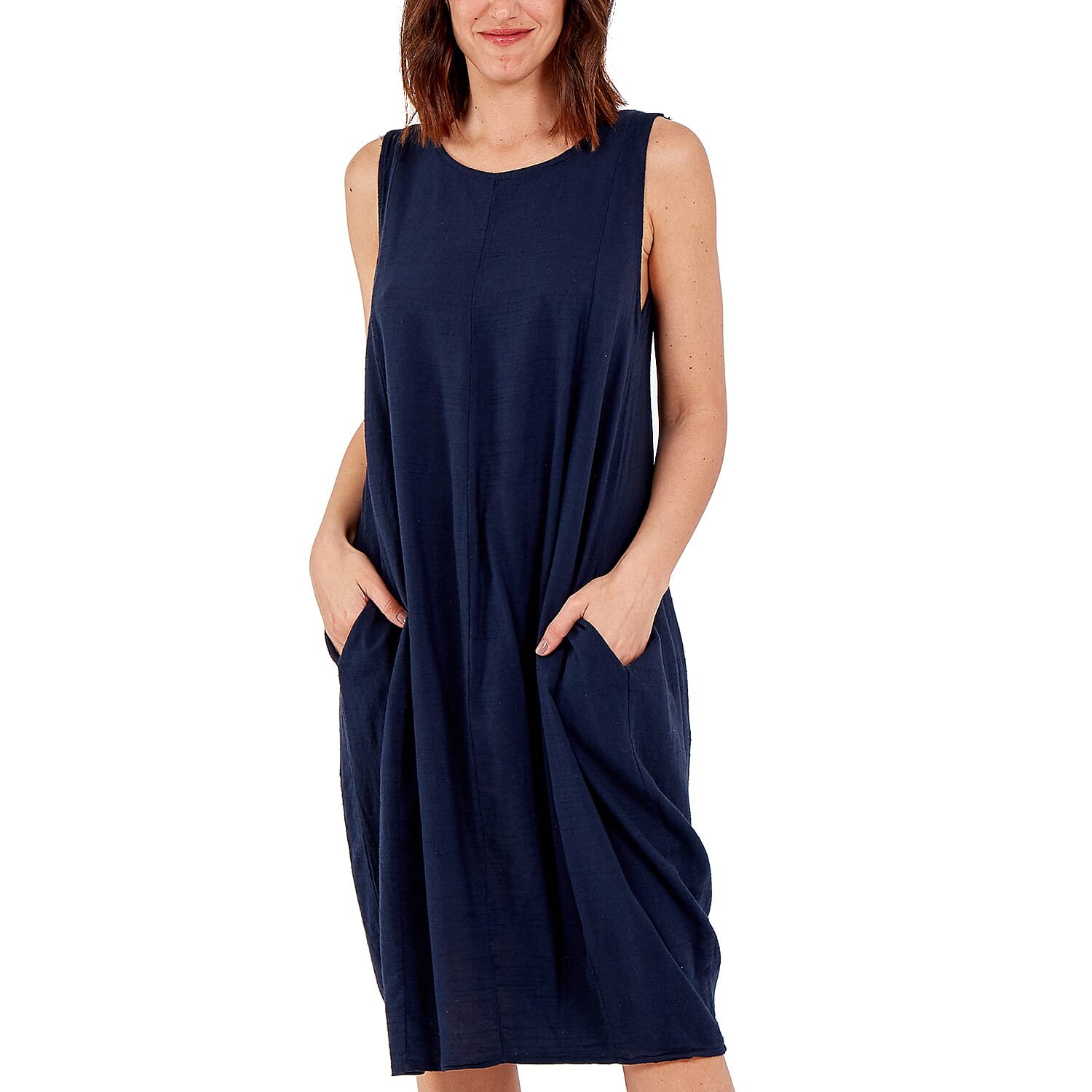 Nova of London Round Neck Two Pocket Cotton and 50 Linen Dress - Navy